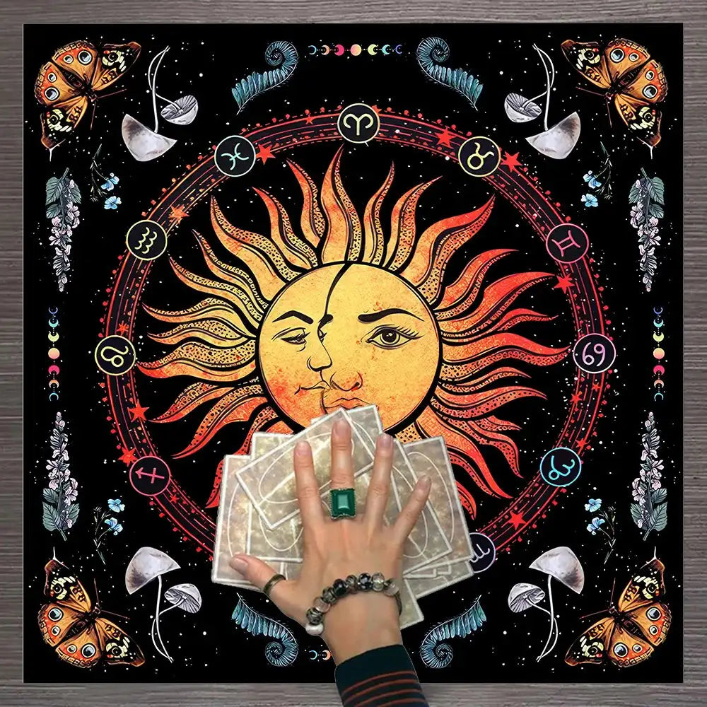 ✨12 Constellations Tarot Tablecloth – Durable Polyester Altar Cloth Featuring Zodiac Signs, Sun, Moon & Starry Sky Motifs