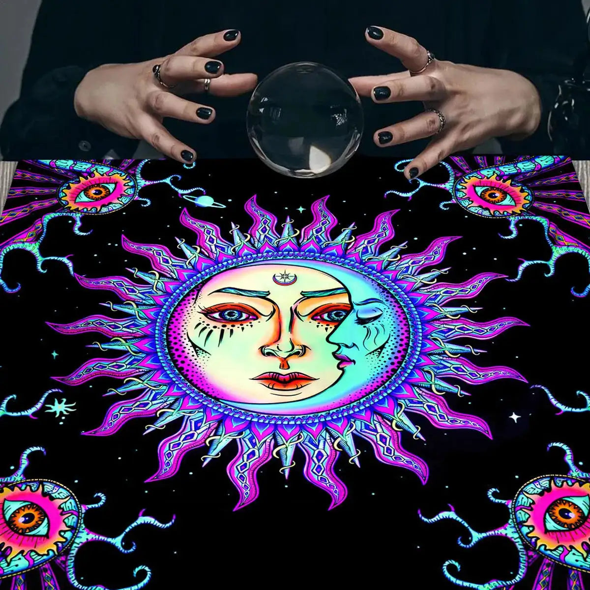 ✨12 Constellations Tarot Tablecloth – Durable Polyester Altar Cloth Featuring Zodiac Signs, Sun, Moon & Starry Sky Motifs