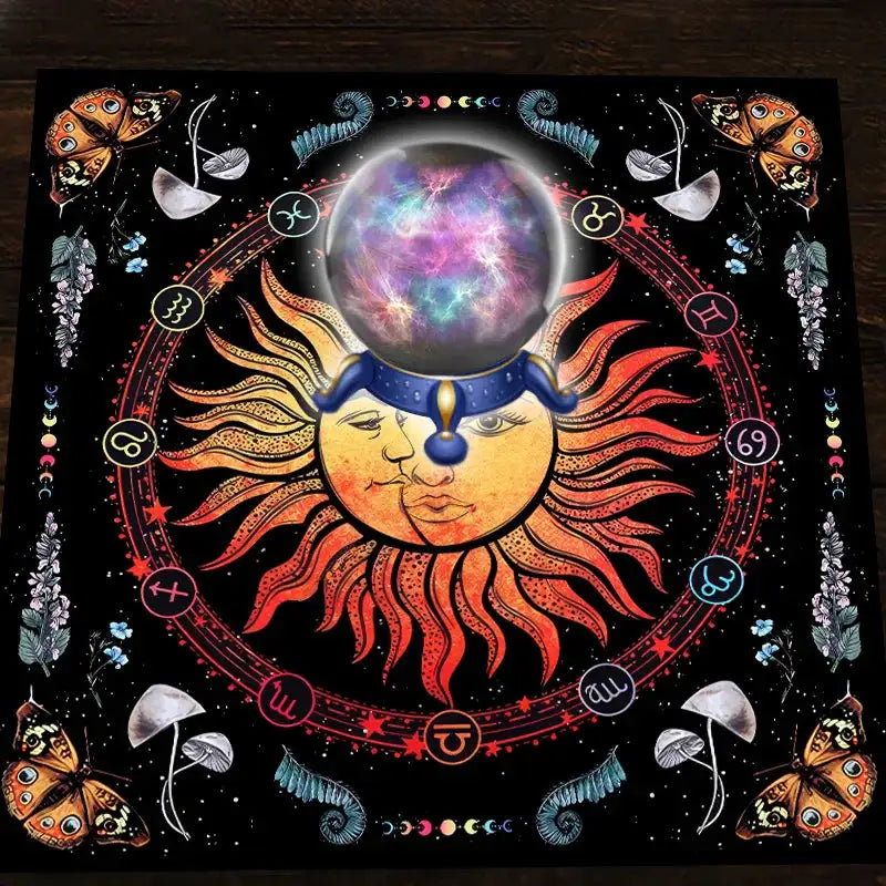 ✨12 Constellations Tarot Tablecloth – Durable Polyester Altar Cloth Featuring Zodiac Signs, Sun, Moon & Starry Sky Motifs