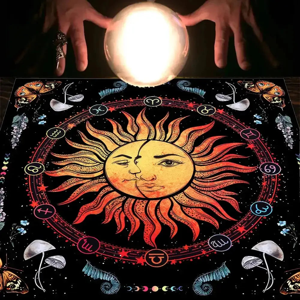 ✨12 Constellations Tarot Tablecloth – Durable Polyester Altar Cloth Featuring Zodiac Signs, Sun, Moon & Starry Sky Motifs zhuobu01b 75x75cm