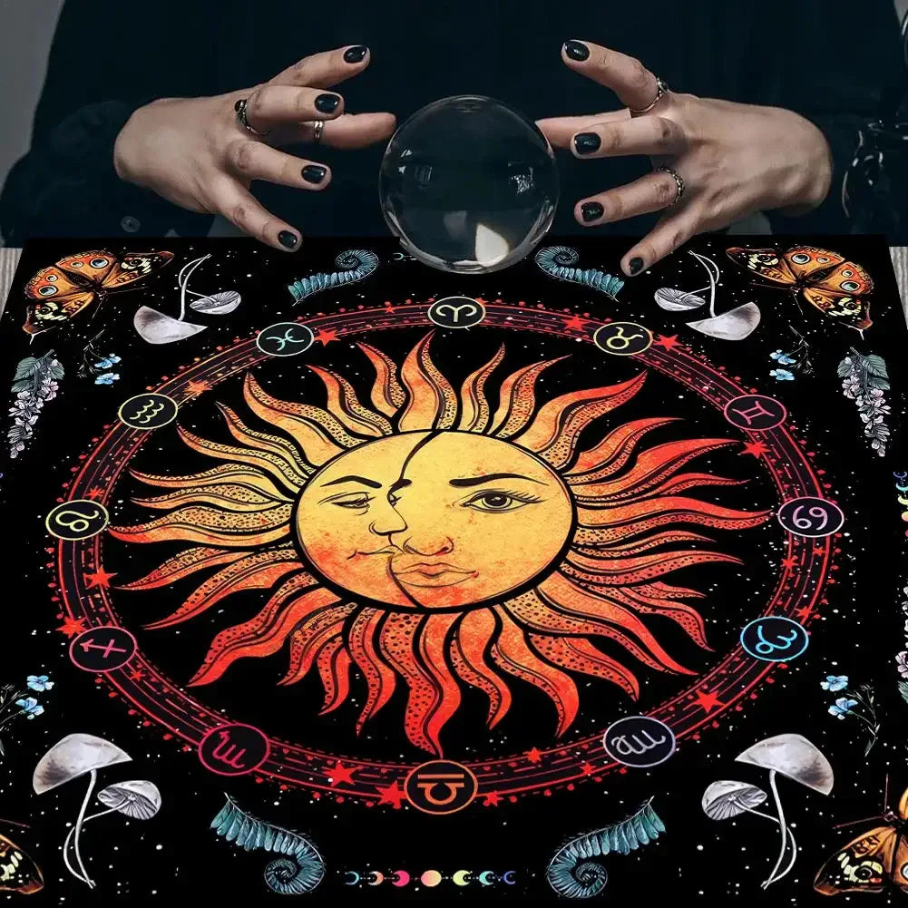 ✨12 Constellations Tarot Tablecloth – Durable Polyester Altar Cloth Featuring Zodiac Signs, Sun, Moon & Starry Sky Motifs