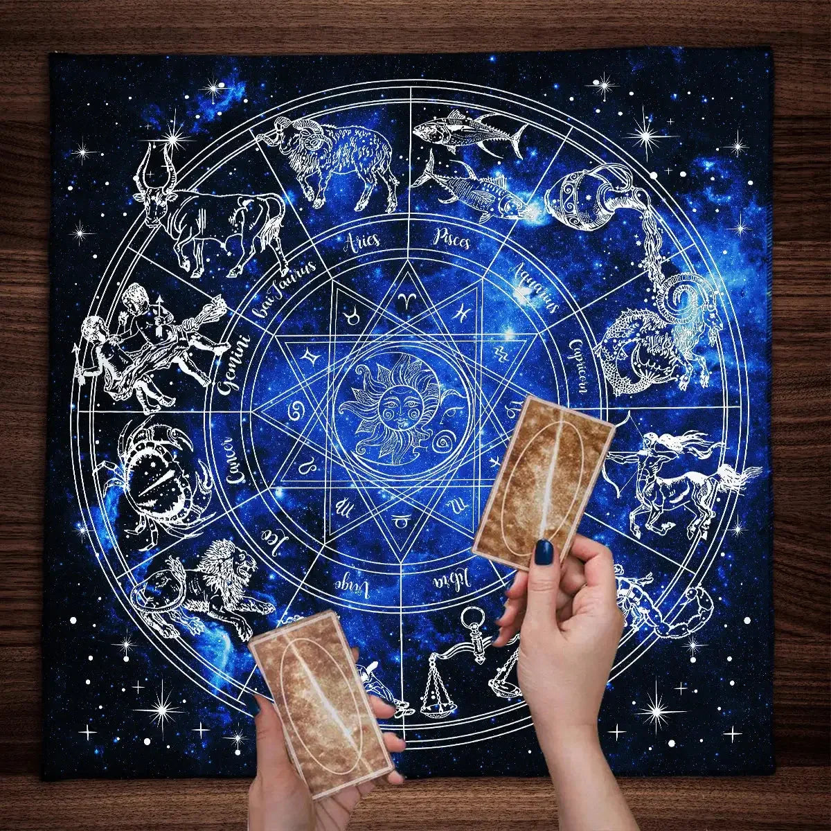 ✨12 Constellations Tarot Tablecloth – Durable Polyester Altar Cloth Featuring Zodiac Signs, Sun, Moon & Starry Sky Motifs zhuobu01f 75x75cm