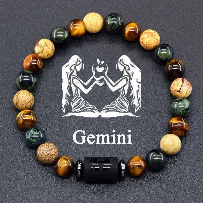 ✨ 12 Zodiac Constellation Sign Bracelet – Real Natural Tiger Eye Stone Bead – Leo & Taurus Charm Couple Jewelry for Men & Women 15 Gemini 8 mm Beads