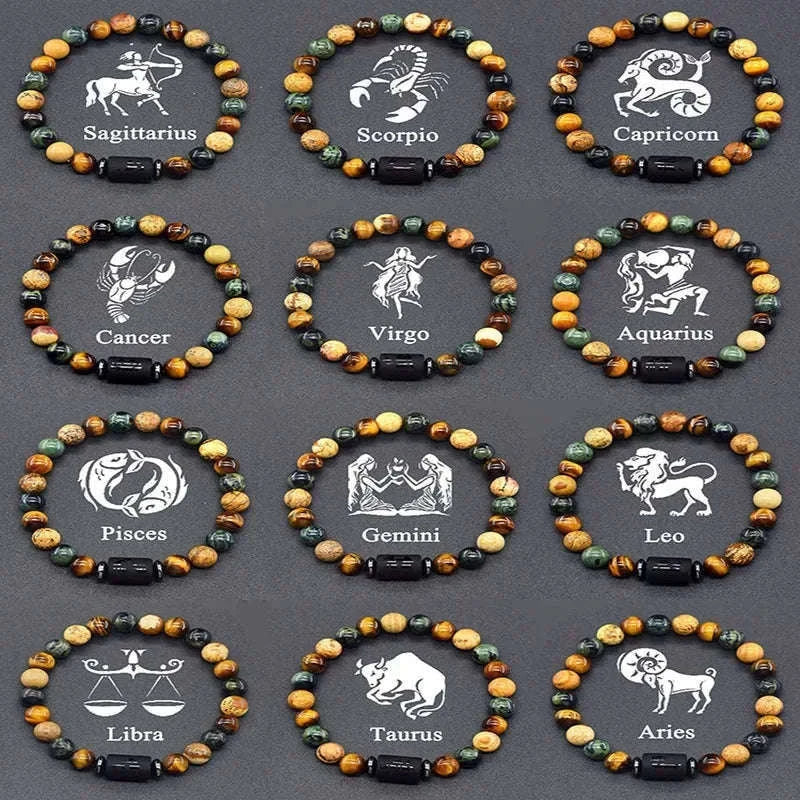 ✨ 12 Zodiac Constellation Sign Bracelet – Real Natural Tiger Eye Stone Bead – Leo & Taurus Charm Couple Jewelry for Men & Women 1 12 Pieces 8 mm Beads