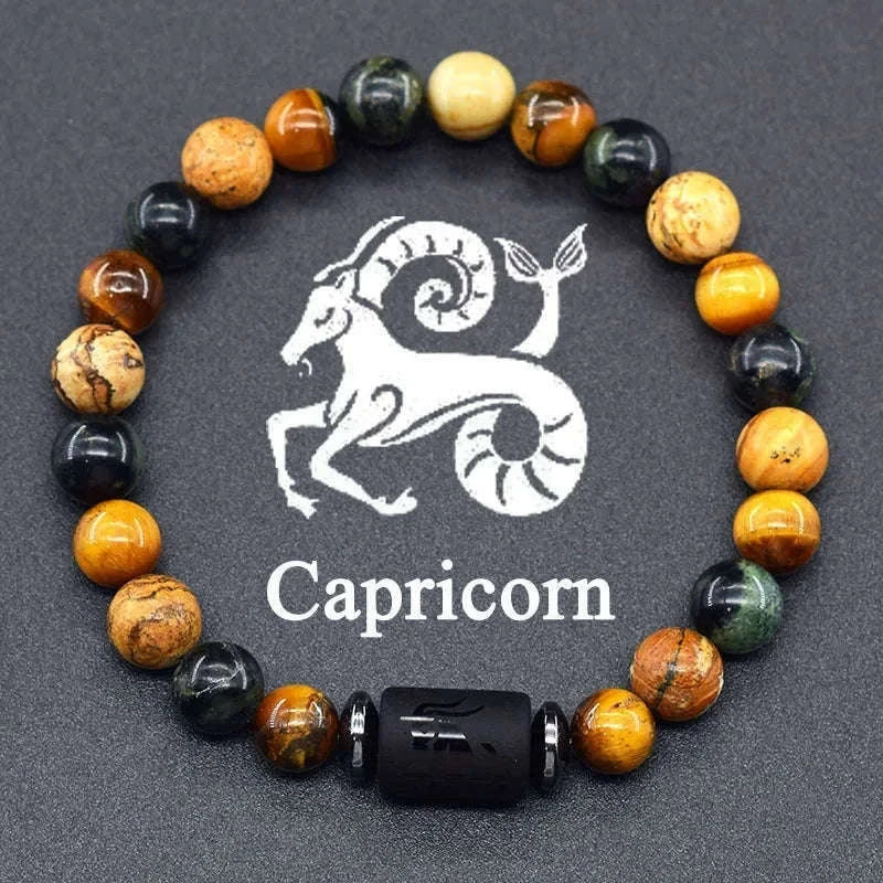 ✨ 12 Zodiac Constellation Sign Bracelet – Real Natural Tiger Eye Stone Bead – Leo & Taurus Charm Couple Jewelry for Men & Women 8 Capricorn 8 mm Beads
