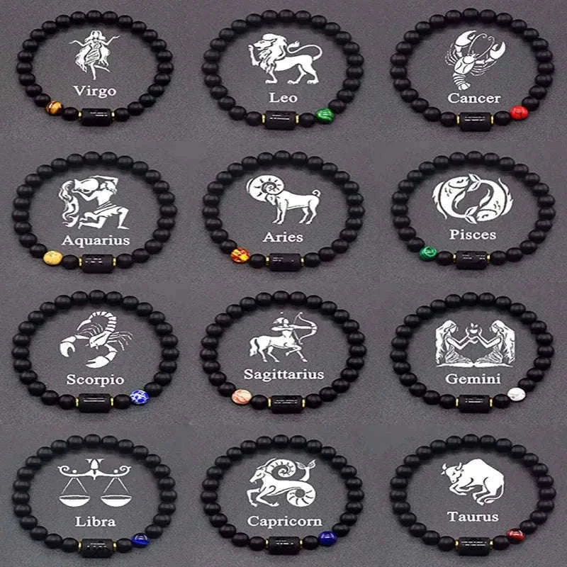 ✨ 12 Zodiac Constellation Signs Bracelet – Tiger Eye & Sparrow Picture Stone Beads – Virgo Charm Couple Jewelry for Men & Women 3 12 Pieces 8 mm Beads
