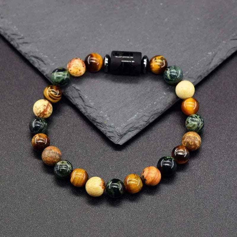 ✨ 12 Zodiac Constellation Signs Bracelet – Tiger Eye & Sparrow Picture Stone Beads – Virgo Charm Couple Jewelry for Men & Women
