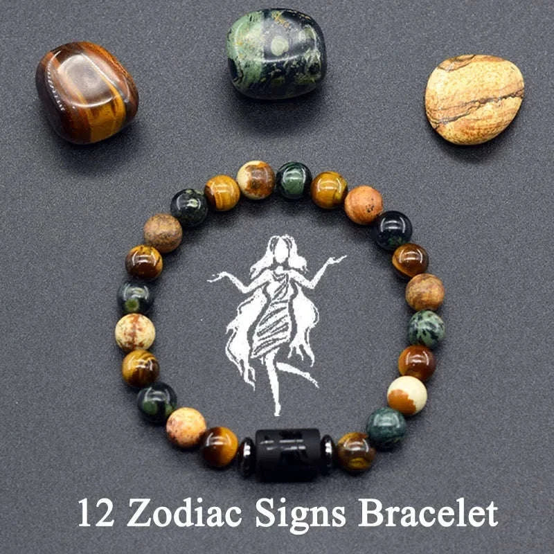 ✨ 12 Zodiac Constellation Signs Bracelet – Tiger Eye & Sparrow Picture Stone Beads – Virgo Charm Couple Jewelry for Men & Women