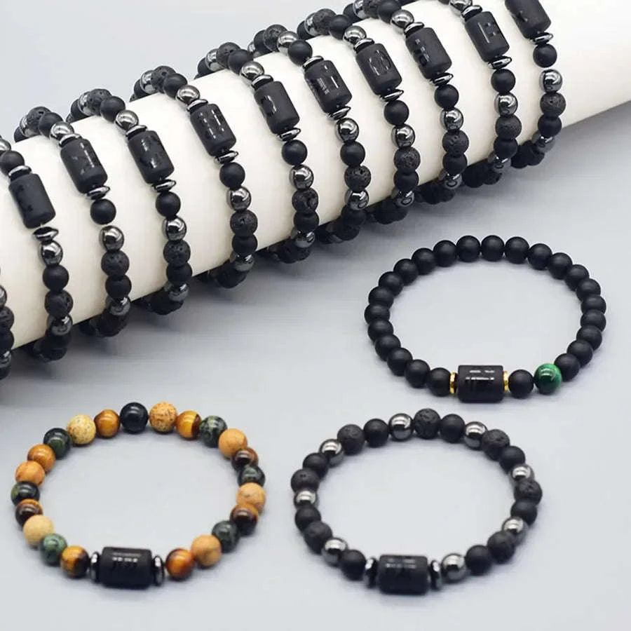 ✨ 12 Zodiac Sign Bracelet Homme – Natural Yellow Tiger Eye Stone & Hematite Constellation Bangle – Cancer, Taurus, Libra Astrology Bracelet for Women