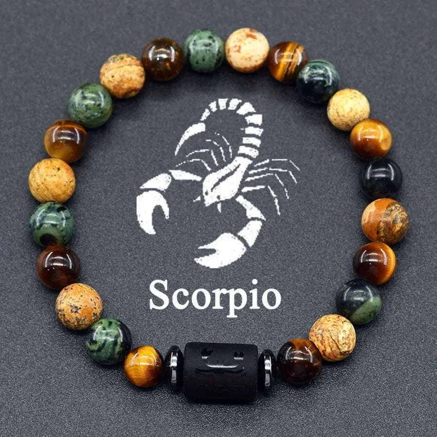 ✨ 12 Zodiac Sign Bracelet Homme – Natural Yellow Tiger Eye Stone & Hematite Constellation Bangle – Cancer, Taurus, Libra Astrology Bracelet for Women 35 Scorpio 8 mm Beads