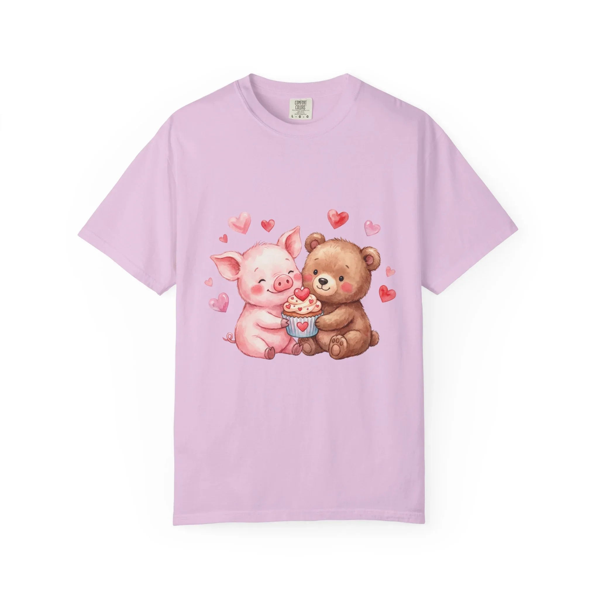 Cute Pig Bear Heart Cup Valentine T Shirt Watercolor Cozy Vintage Aesthetic Gift Animal Lovers Soft Cotton Romantic Tee Orchid