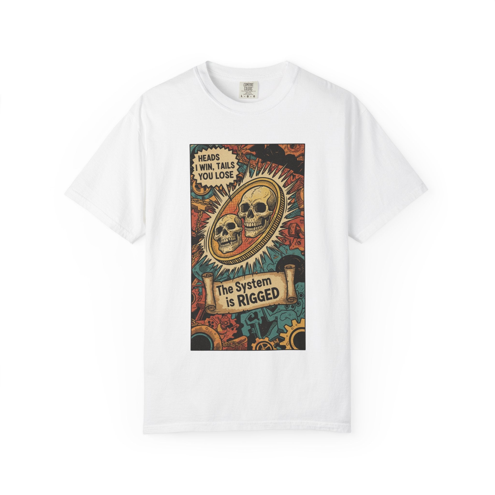 The System Is Rigged T-Shirt - Vintage Satirical Skull Coin Graphic - Dark Humor Chess Knight Pawn Tee - Retro Propaganda Streetwear White
