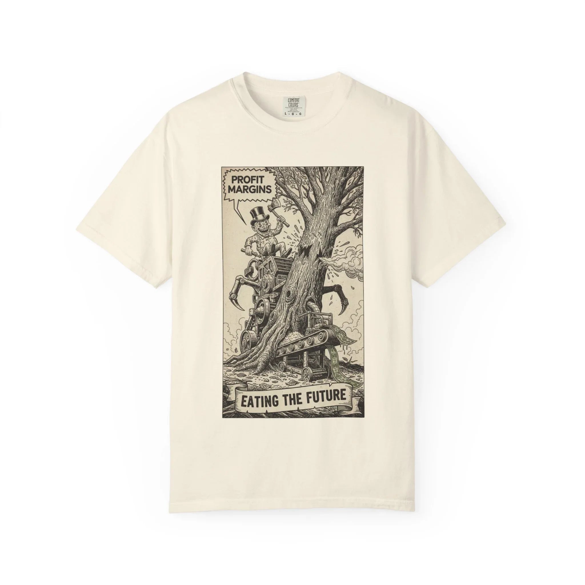 Eating The Future Shirt - Satirical Political Graphic Tee - Vintage Woodcut Eco Activist T-Shirt - Corporate Greed Social Commentary - Environmental Awareness Aesthetic Streetwear Ivory