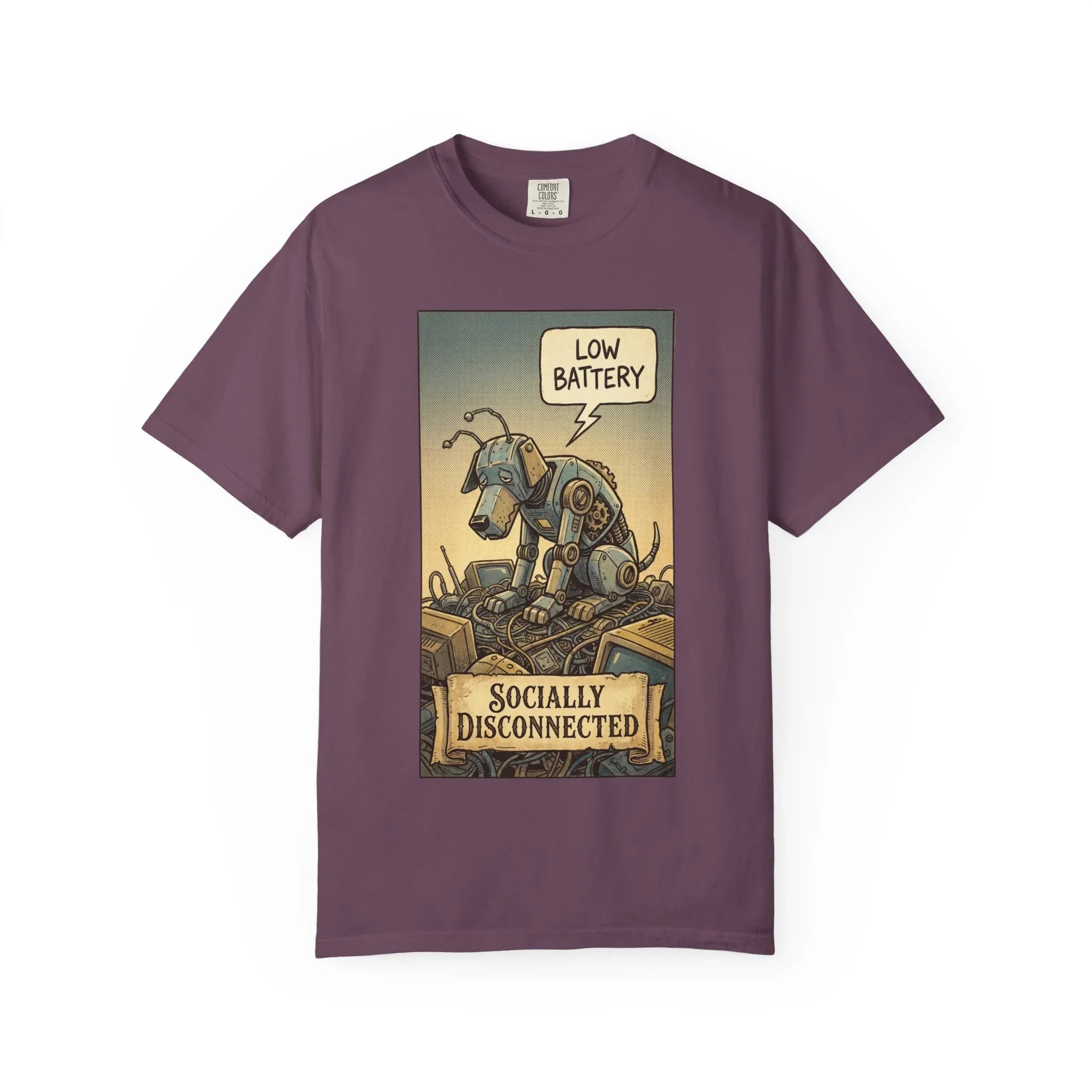 Socially Disconnected Robot Dog Shirt - Vintage Retro Comic Tee - Social Battery Introvert Gift - Satirical Humor Aesthetic T-Shirt - Relatables Low Battery Robot Graphic Tee Berry