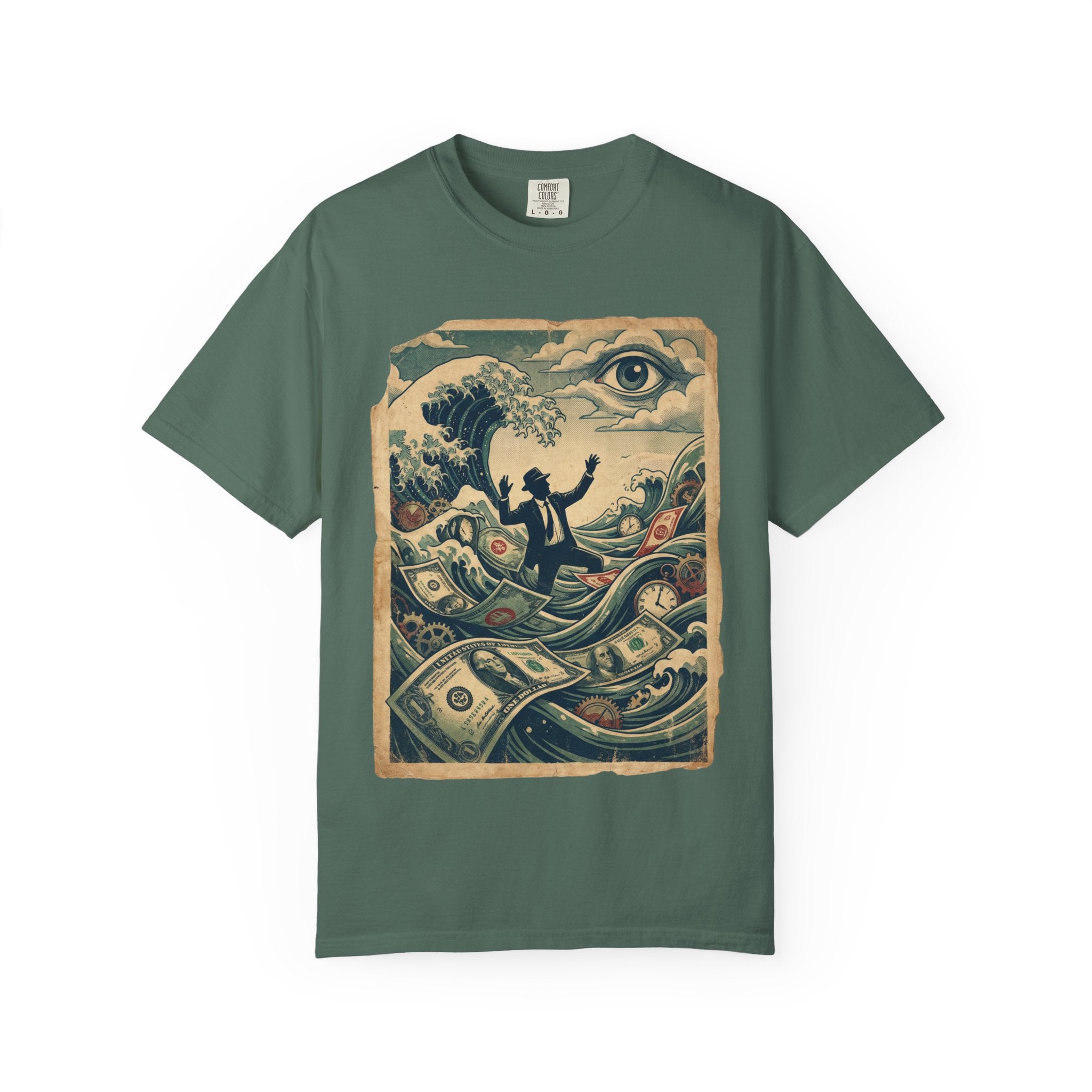 Vintage Dystopian Debt Shirt, All-Seeing Eye Surreal Art Tee, Corporate Overload Graphic, Dark Academia Aesthetic, Gift for Economists, Philosophy Satire Unisex T-Shirt Blue Spruce