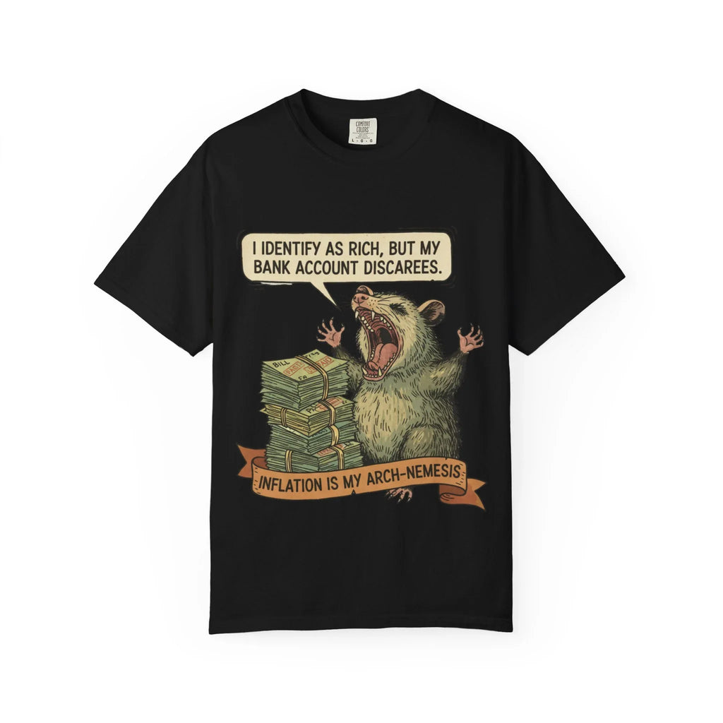Funny Opossum Shirt I Identify As Rich Sarcastic Animal Meme Tee Screaming Opossum Gift for Friend Inflation Struggle Humor Top Black