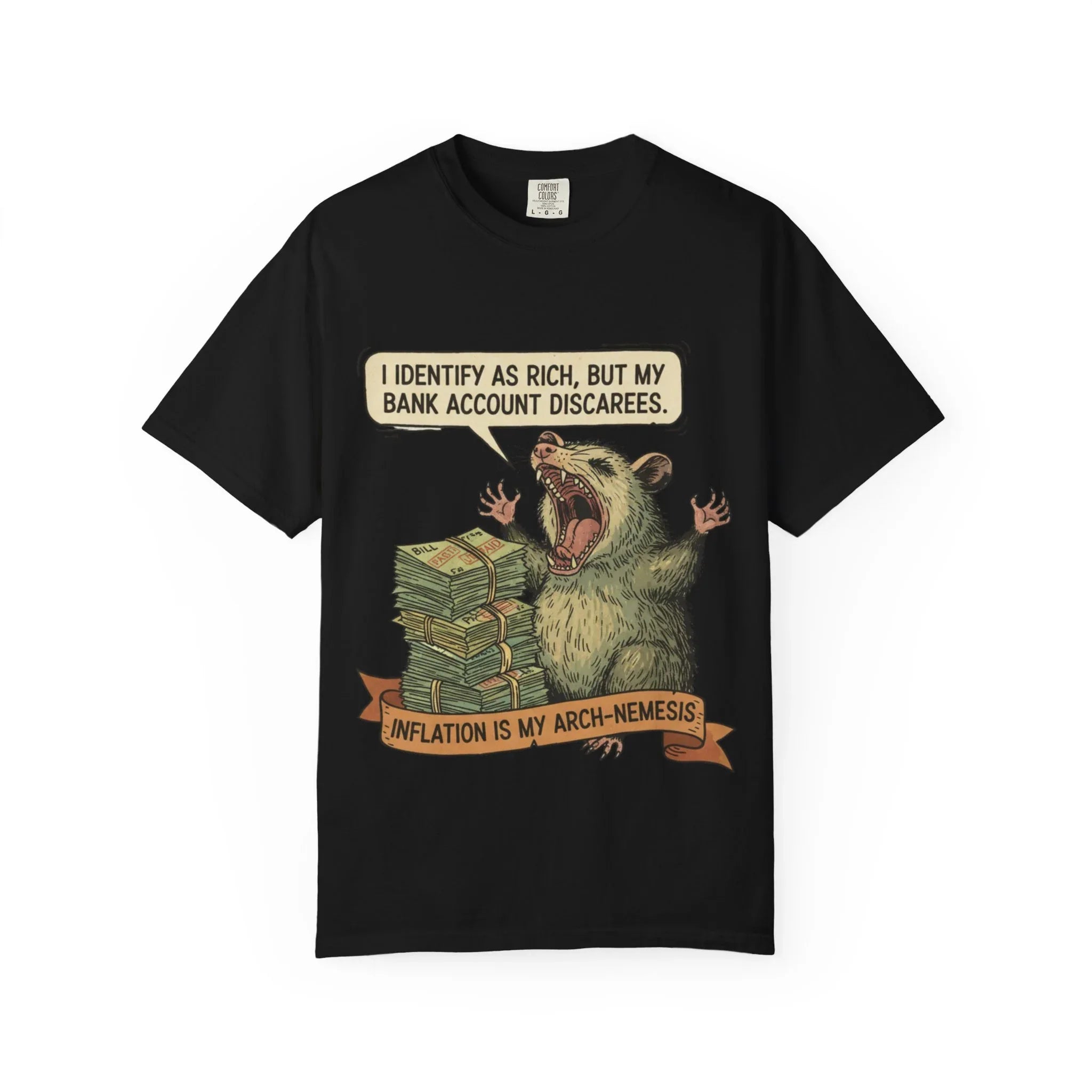 Funny Opossum Shirt I Identify As Rich Sarcastic Animal Meme Tee Screaming Opossum Gift for Friend Inflation Struggle Humor Top Black