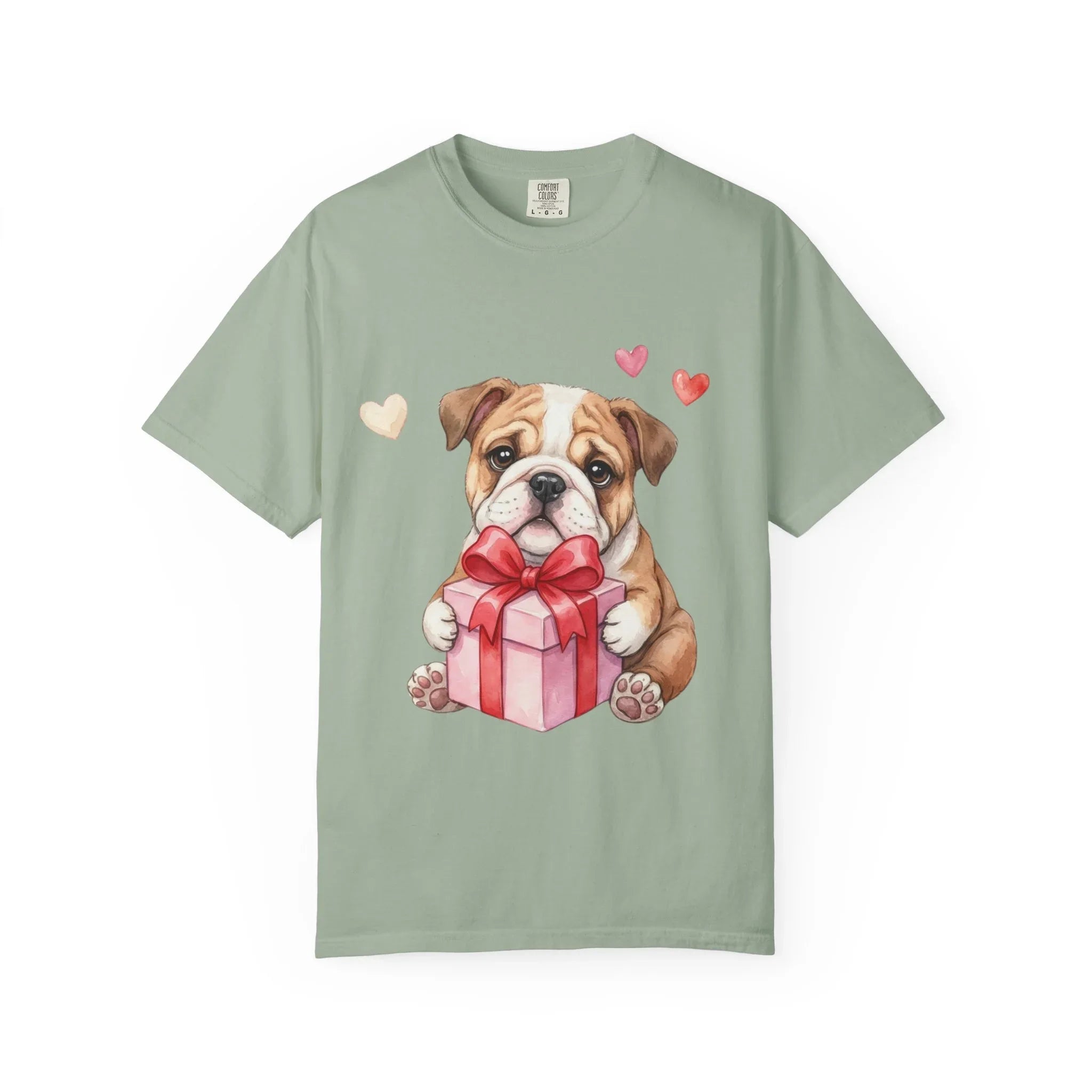 Bulldog Puppy with Gift T-Shirt | Cute Dog Valentine Hearts | Cozy Pet Lover Gift | Soft Vintage Aesthetic Dog Tee Bay