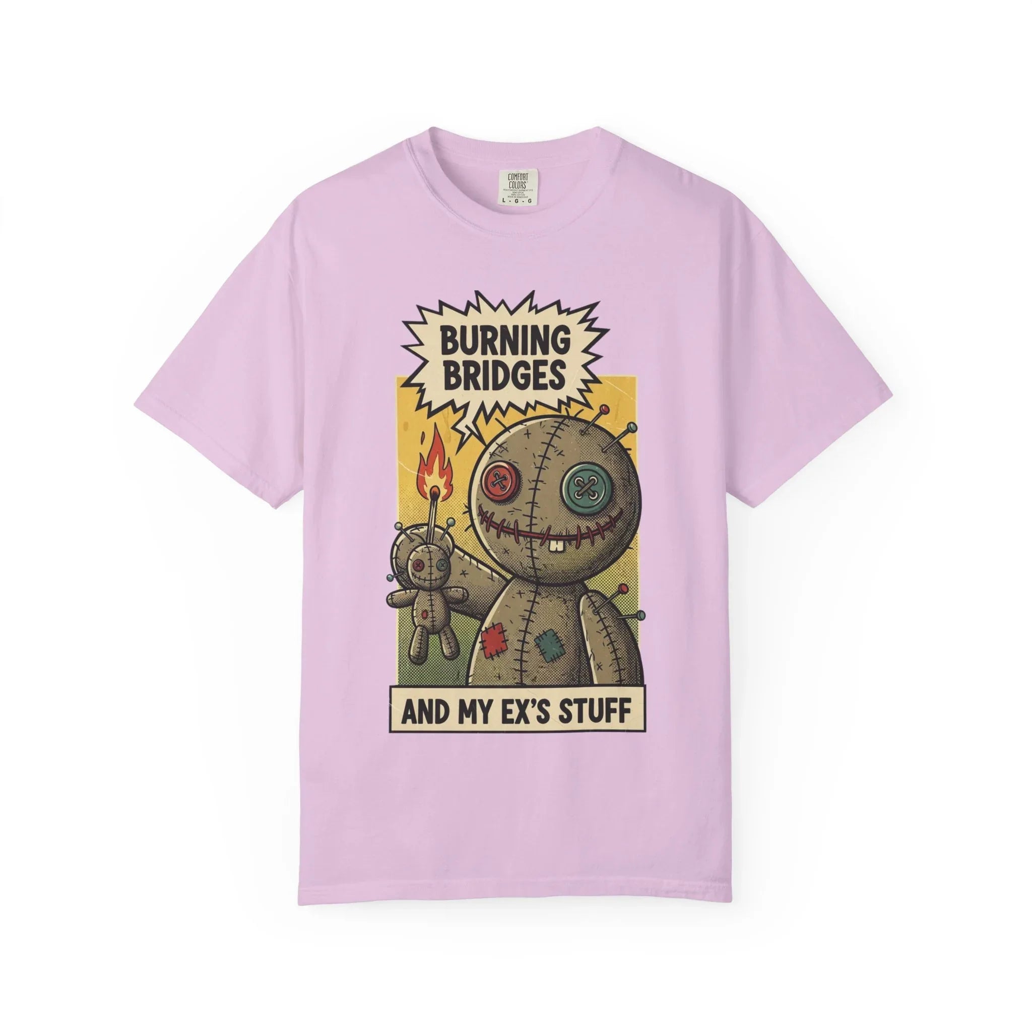 Burning Bridges Funny Breakup Shirt - Vintage Voodoo Doll Graphic Tee - Sarcastic Ex-Relationship T-Shirt - Retro Comic Dark Humor Gift - Mid-Century Aesthetic Streetwear Orchid