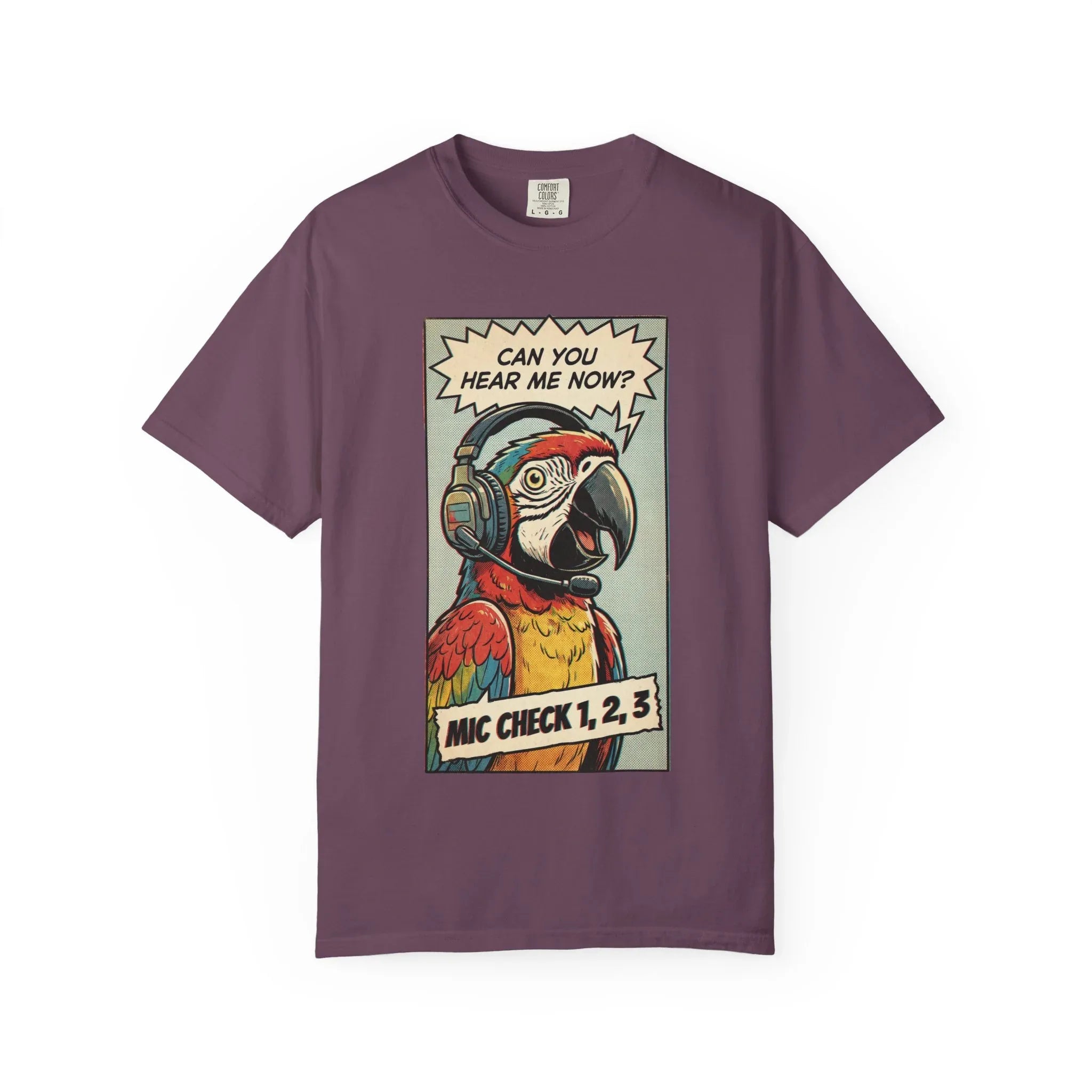 Funny Parrot Gamer Shirt - Vintage Comic Pop Art T-Shirt - Retro Macaw Bird "Mic Check" Graphic Tee - Sarcastic Podcast & Streamer Gift - Aesthetic Bird Lover Streetwear Berry