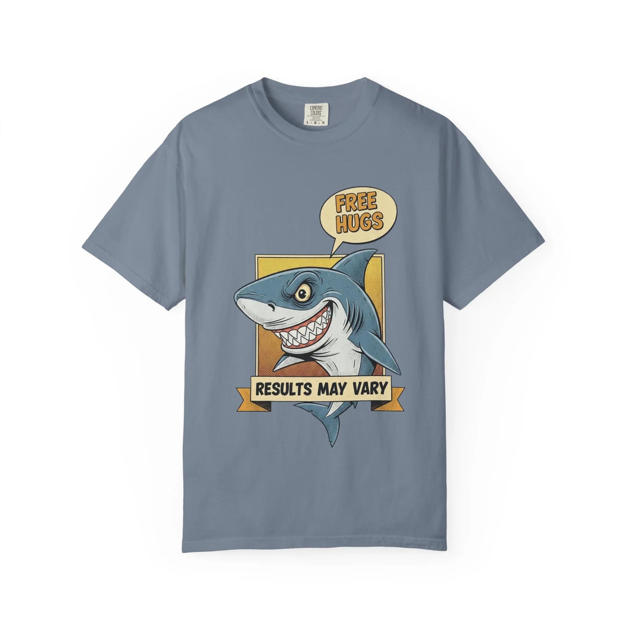 Funny Shark Shirt - "Free Hugs" Sarcastic Vintage Graphic Tee - Results May Vary Dark Humor Gift - Retro Great White Shark Top - Men's & Women's Dad Joke Clothing Blue Jean