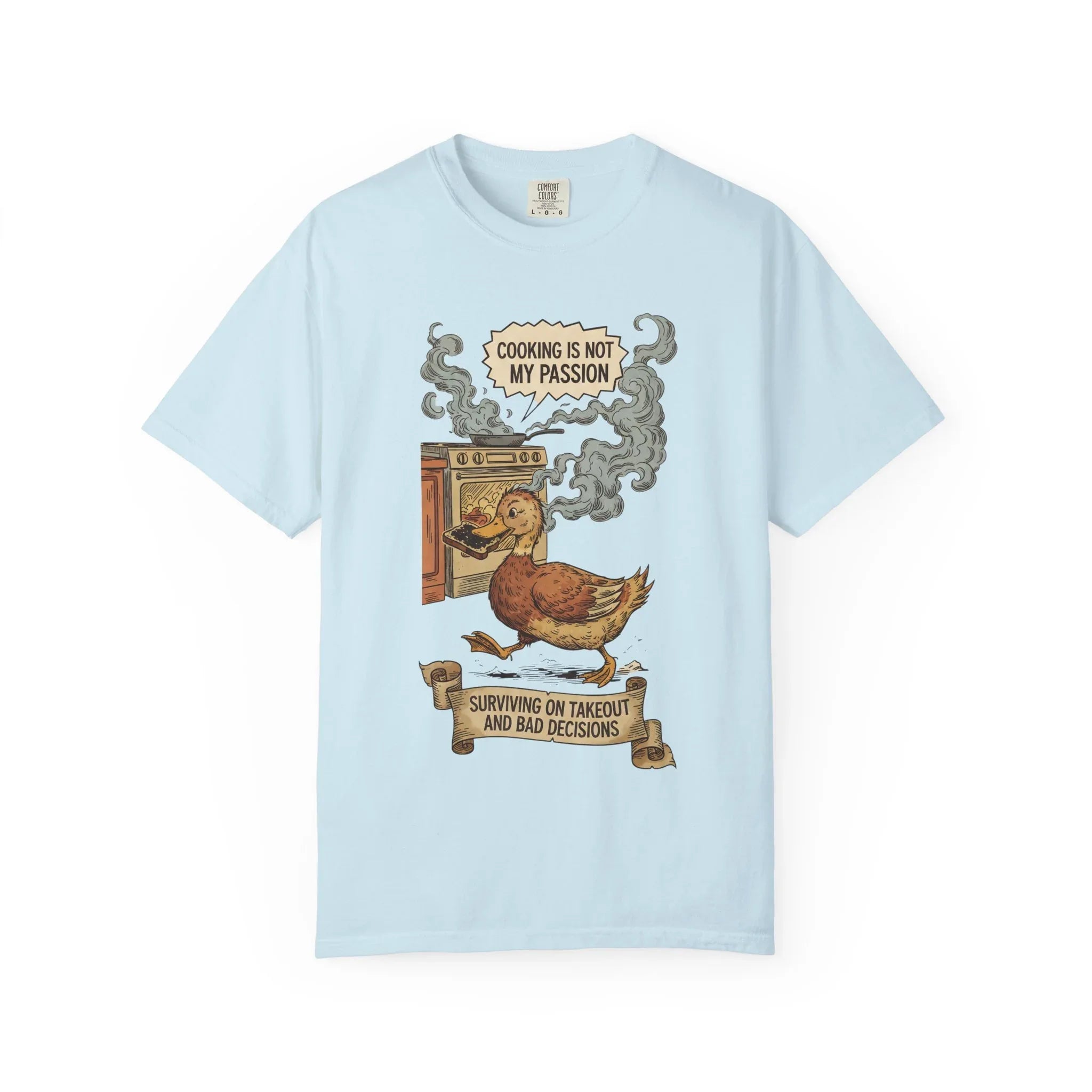 Funny Cooking Duck Shirt - "Cooking Is Not My Passion" Tee - Bad Cook Kitchen Fail Gift - Retro Duck Meme T-Shirt - Humorous Home Chef Gift for Mom & Dad Chambray