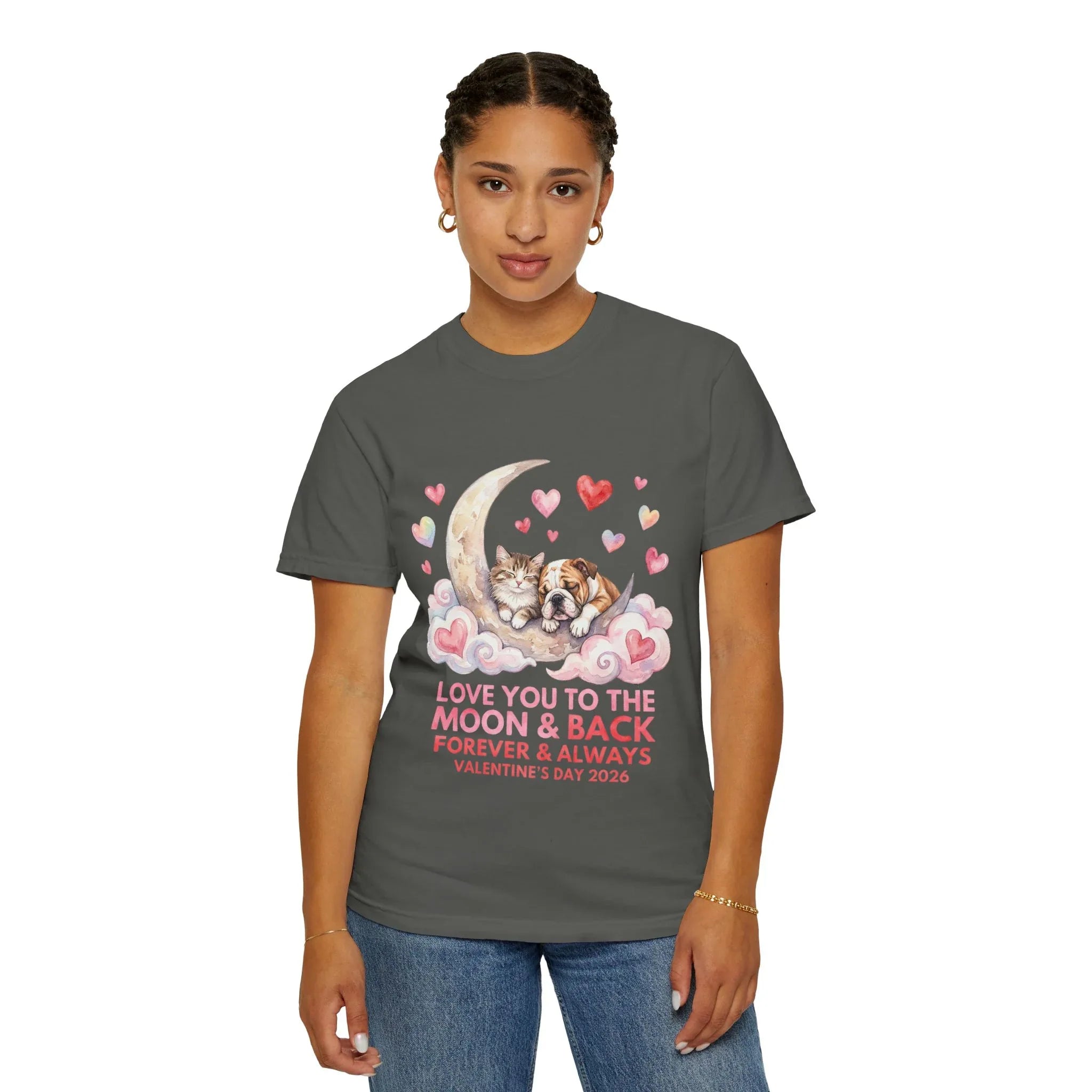 Love You to the Moon and Back Cats T Shirt Cute Kittens Crescent Moon Hearts Watercolor Cozy Vintage Aesthetic Gift Cat Lovers Valentine Tee