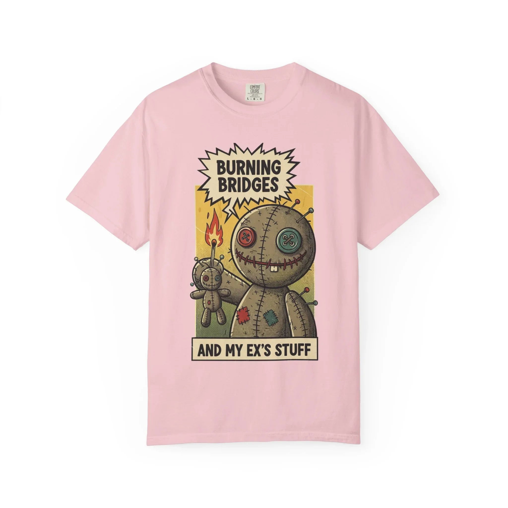 Burning Bridges Funny Breakup Shirt - Vintage Voodoo Doll Graphic Tee - Sarcastic Ex-Relationship T-Shirt - Retro Comic Dark Humor Gift - Mid-Century Aesthetic Streetwear Blossom