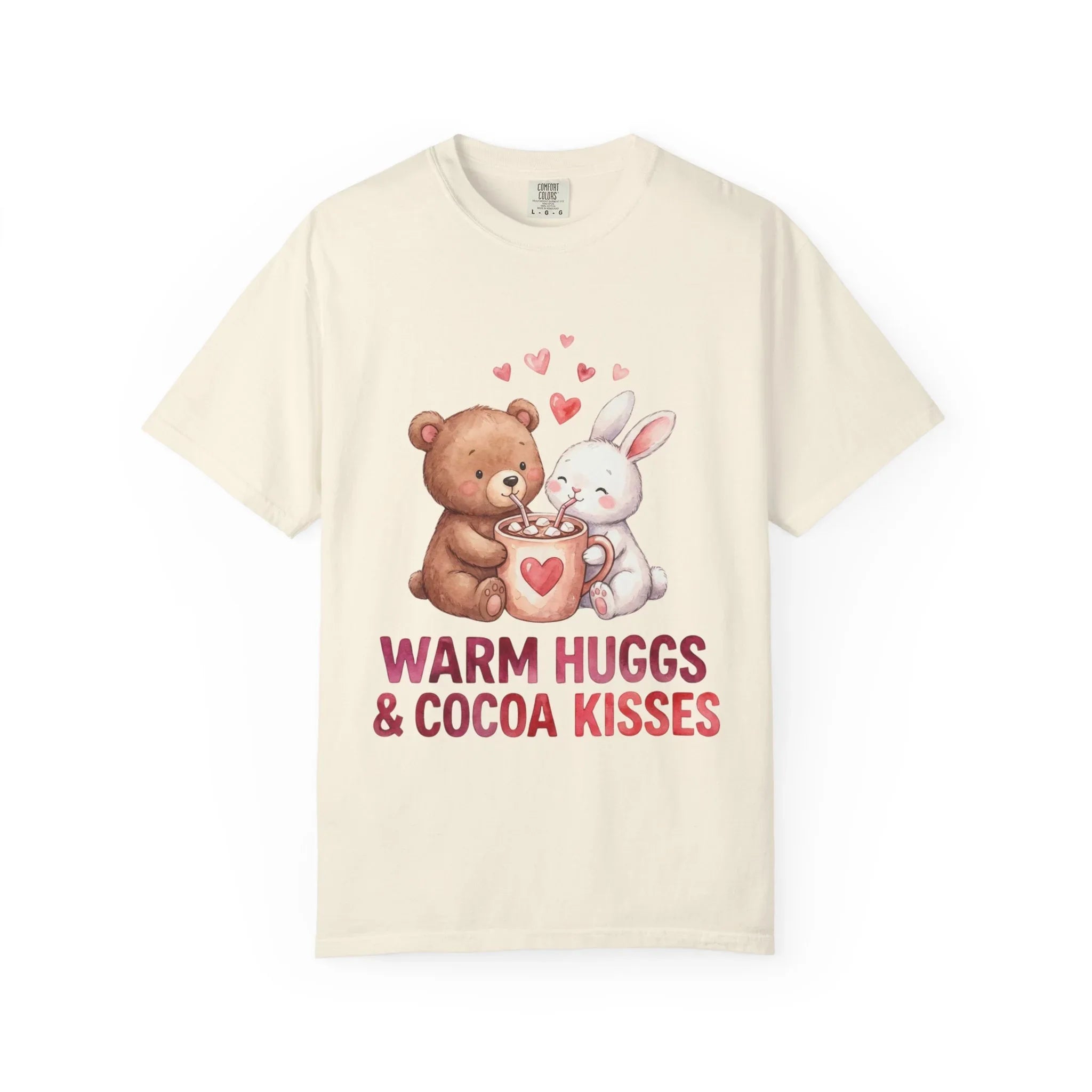 Warm Hugs and Cocoa Kisses T-Shirt | Bear Bunny Hot Cocoa Design | Cozy Winter Valentine Gift | Soft Vintage Aesthetic Tee Ivory