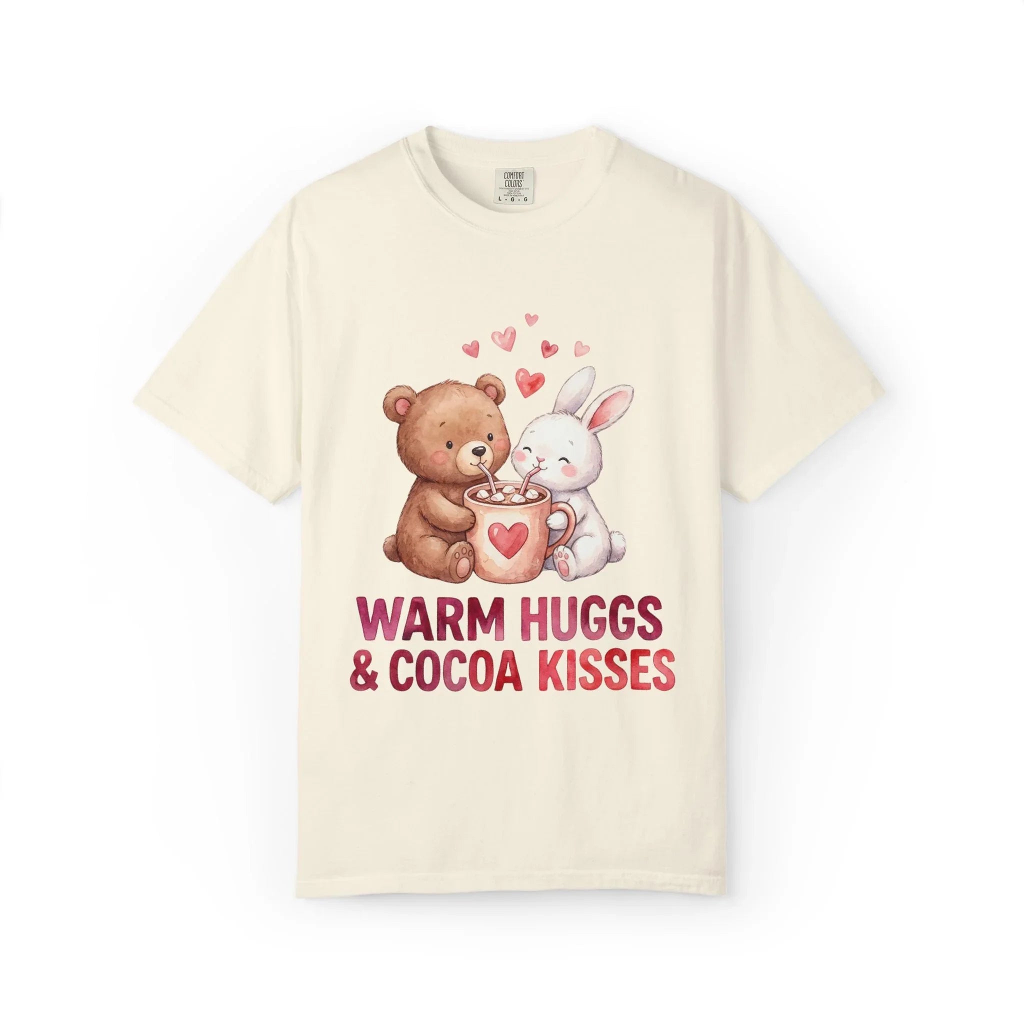 Warm Hugs and Cocoa Kisses T-Shirt | Bear Bunny Hot Cocoa Design | Cozy Winter Valentine Gift | Soft Vintage Aesthetic Tee Ivory