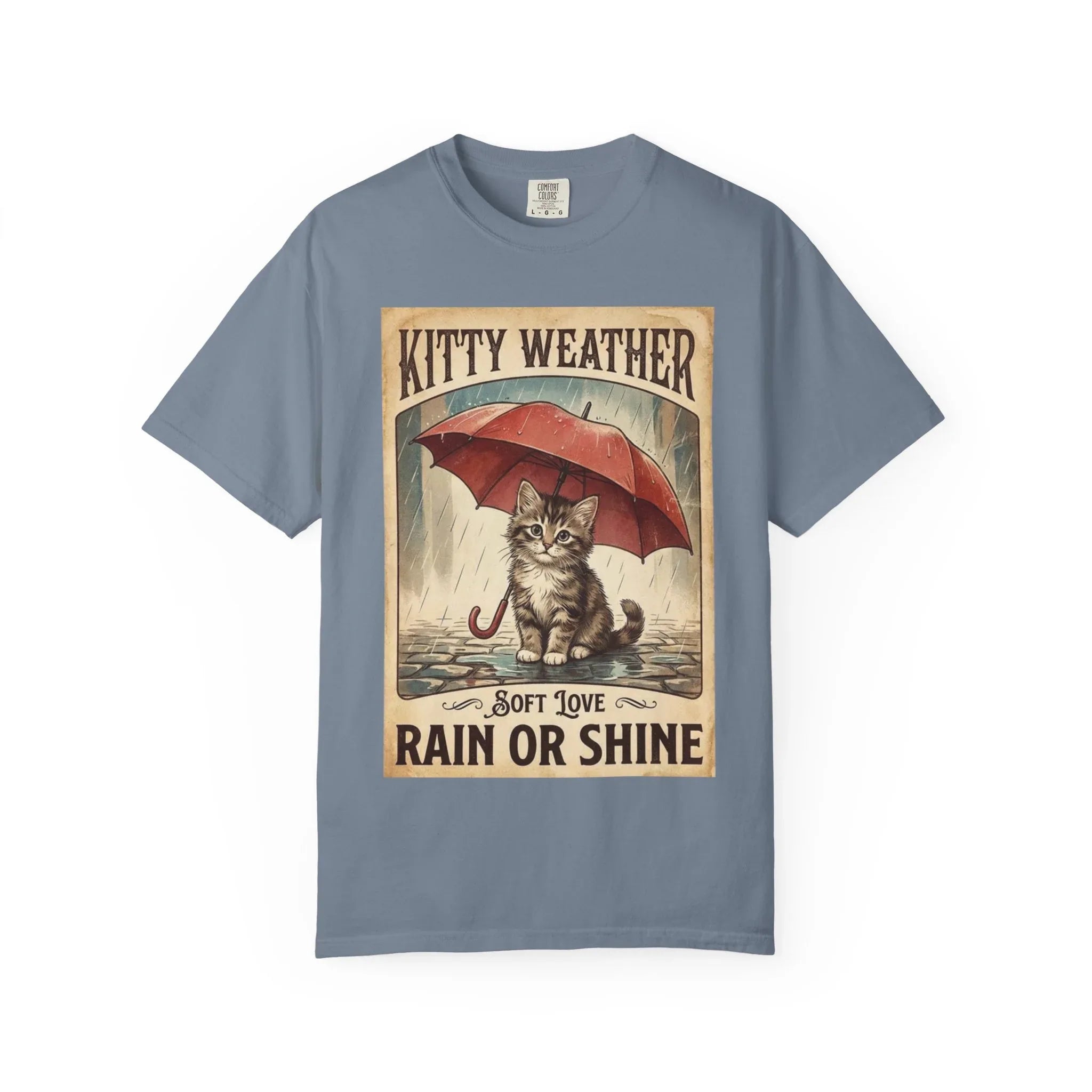 Kitty Weather Rain or Shine Shirt, Umbrella Cat Vintage Poster T-Shirt, Cozy Rainy Day Kitten Tee, Retro Cat Lover Gift Blue Jean