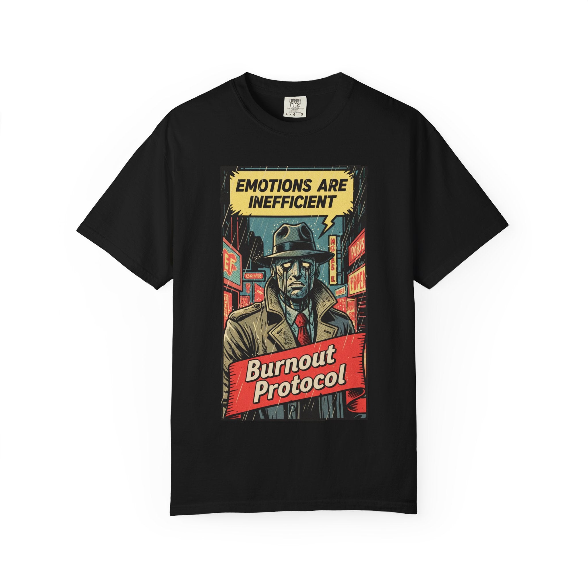 Burnout Protocol Vintage Comic Shirt Retro Robot Detective Graphic Tee Sarcastic Android Art Gift for Tech Workers Software Engineer Noir Black