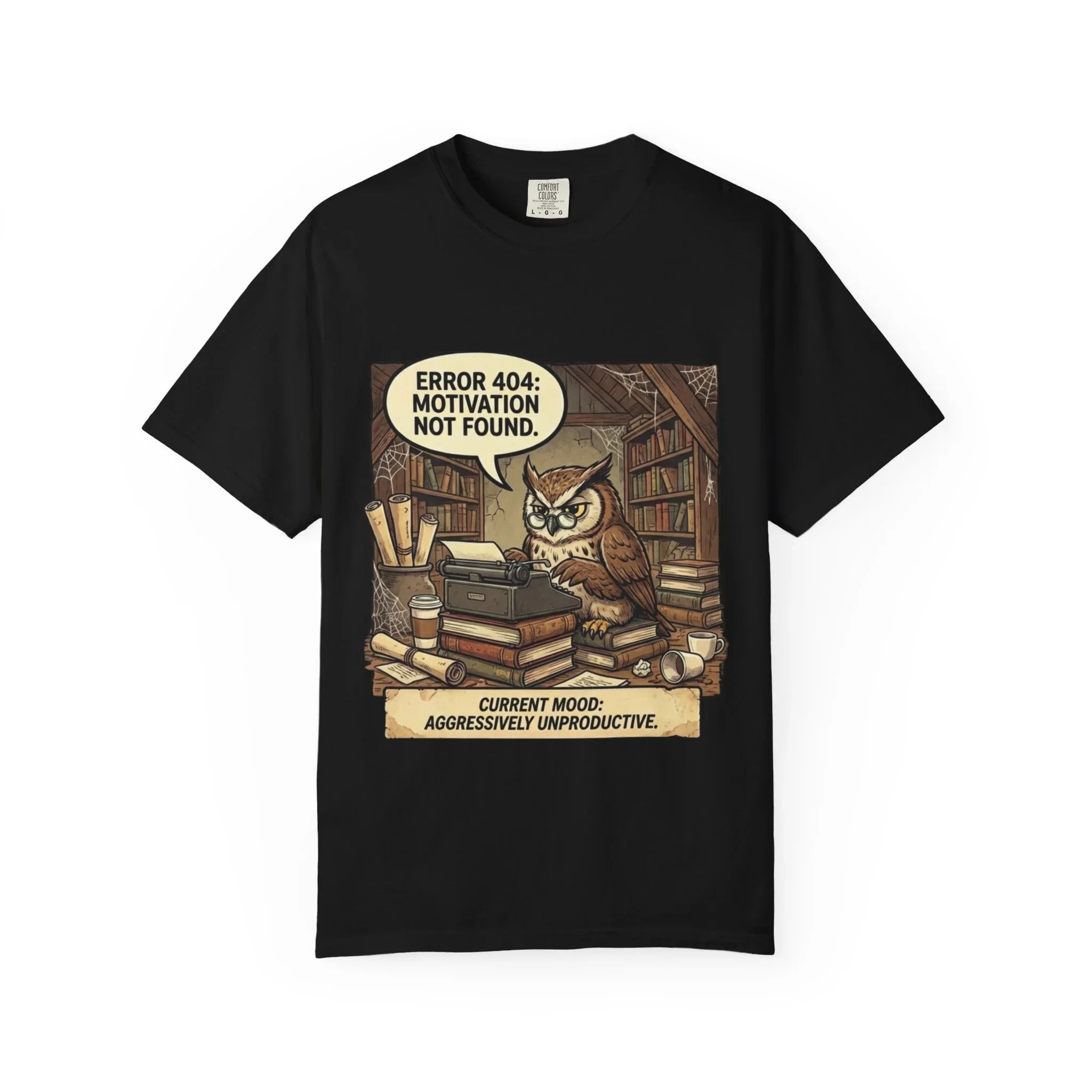 Error 404 Motivation Not Found Owl T-Shirt | Bookish Humor Study Vibes | Funny Programmer Gift | Vintage Sarcastic Student Tee Black