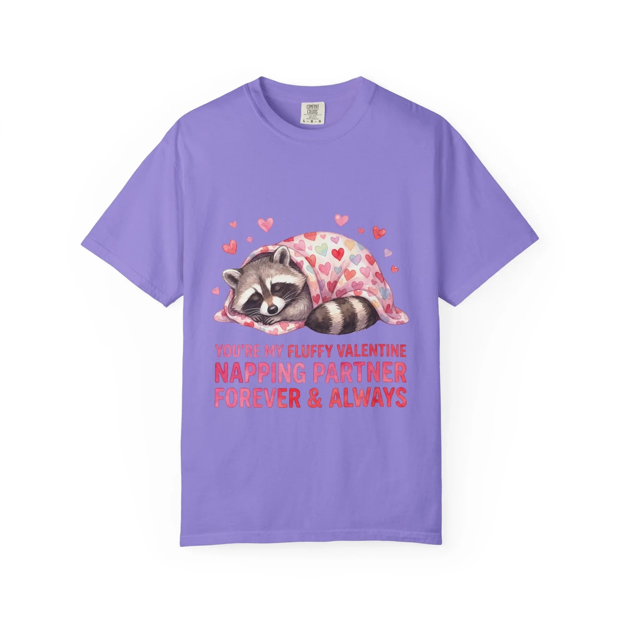 Sleeping Raccoon Valentine T Shirt Fluffy Napping Partner Forever Watercolor Cozy Vintage Aesthetic Gift Animal Lovers Soft Cotton Romantic Violet