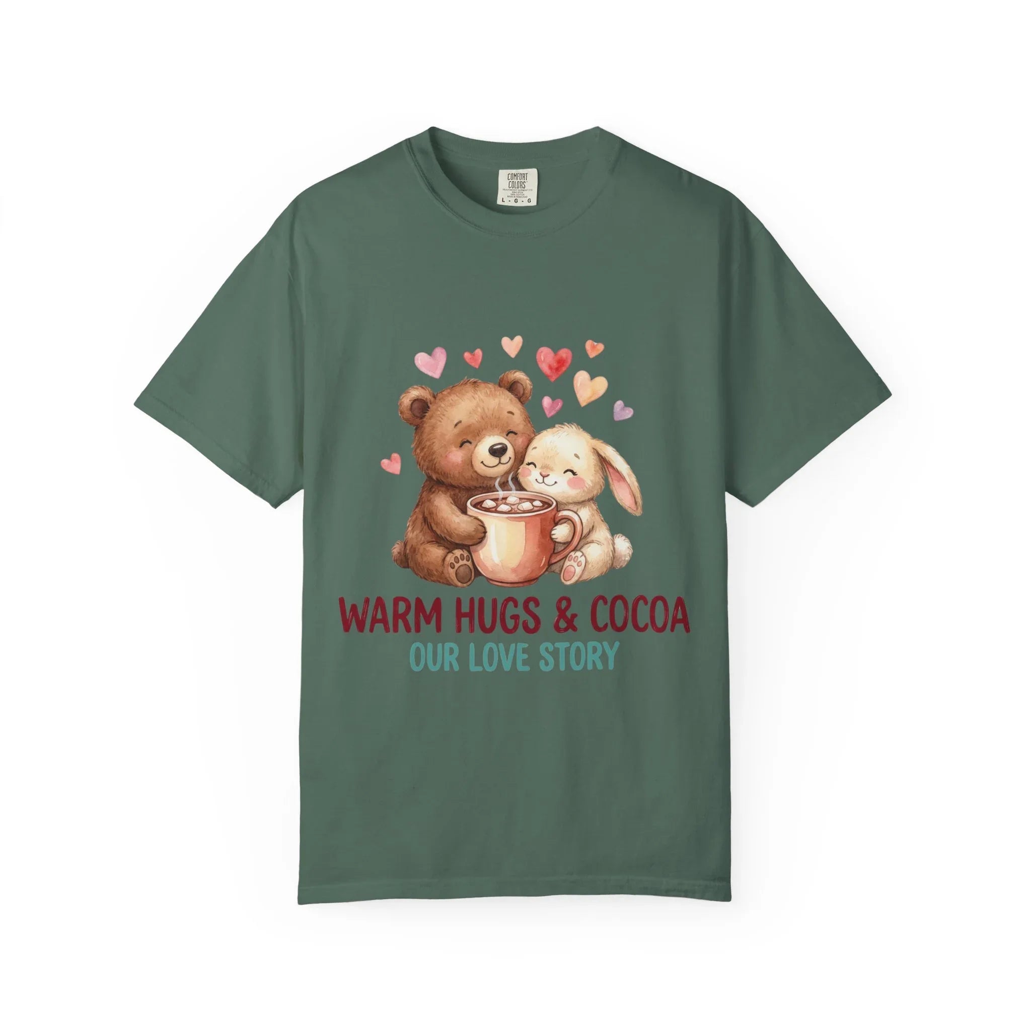 Warm Hugs and Cocoa Our Love Story T-Shirt | Bear Bunny Illustration | Cozy Winter Valentine Gift | Soft Vintage Storybook Tee Blue Spruce