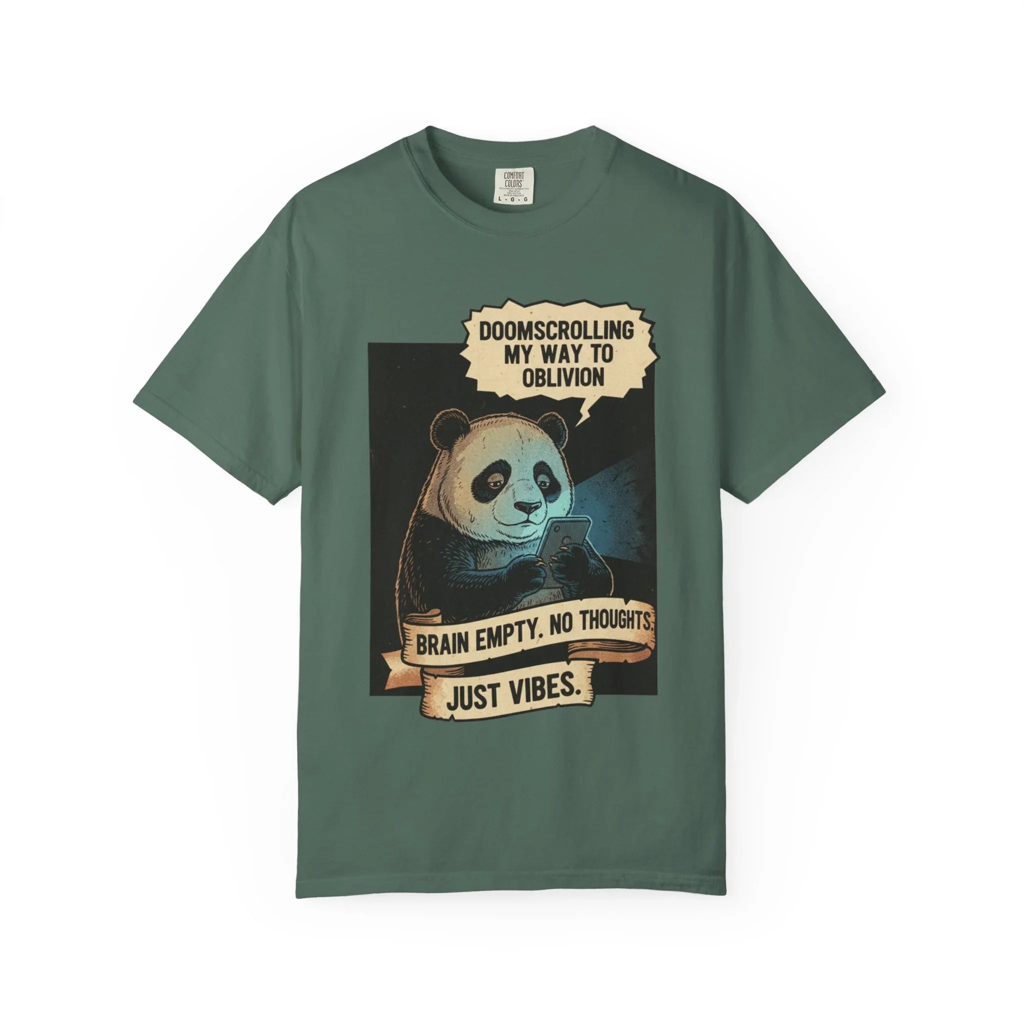 Funny Panda Doomscrolling Shirt - Brain Empty No Thoughts Just Vibes Tee - Retro Vintage Aesthetic T-Shirt - Relatable Digital Burnout Meme Gift - Smartphone Addict Introvert Top Blue Spruce