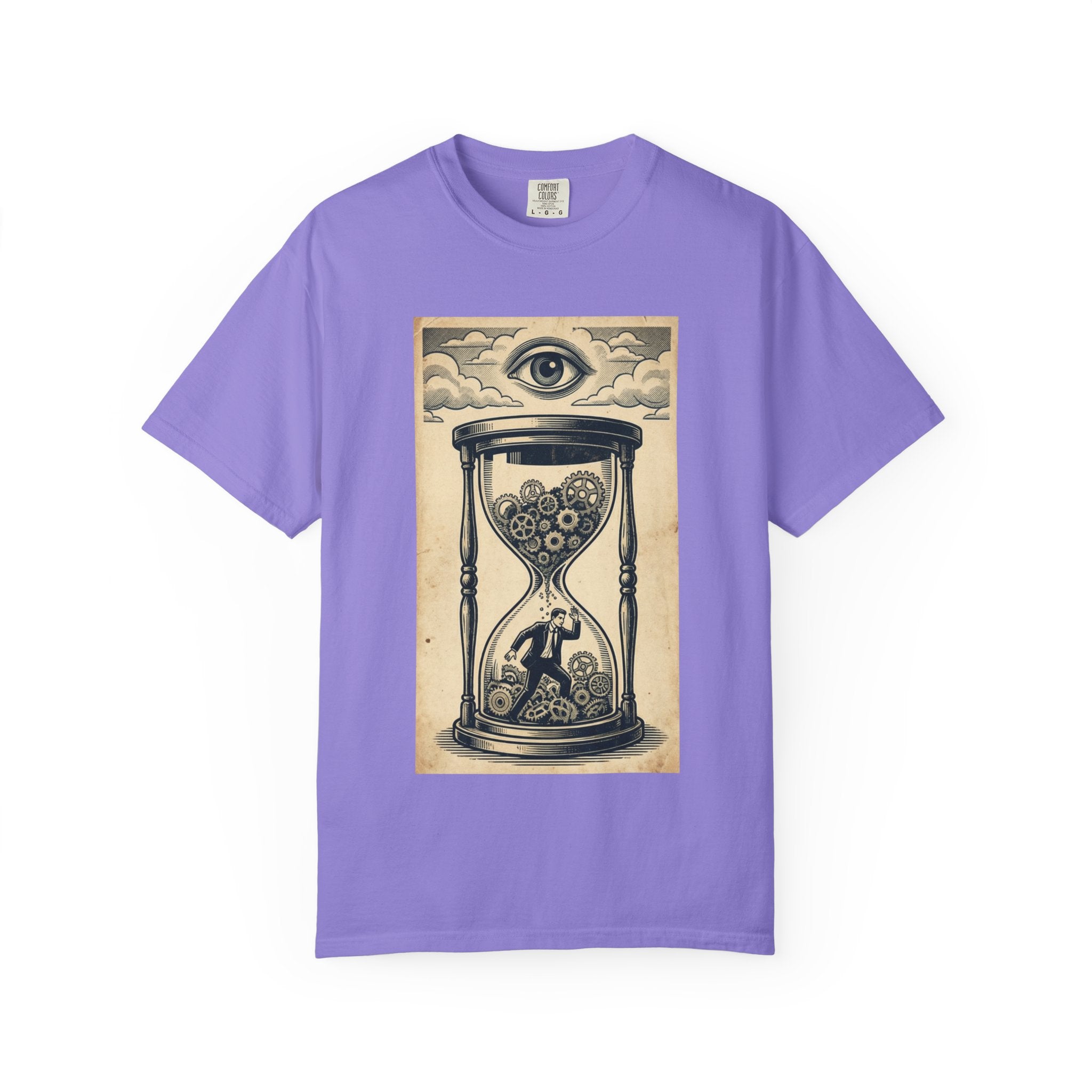 Vintage Dystopian Surrealism Shirt, All Seeing Eye Retro Graphic Tee, Dark Academia Clothing, Steampunk Gear T-Shirt, Gift for Philosophy Lovers, Oversized Unisex Corporate Satire Apparel Violet