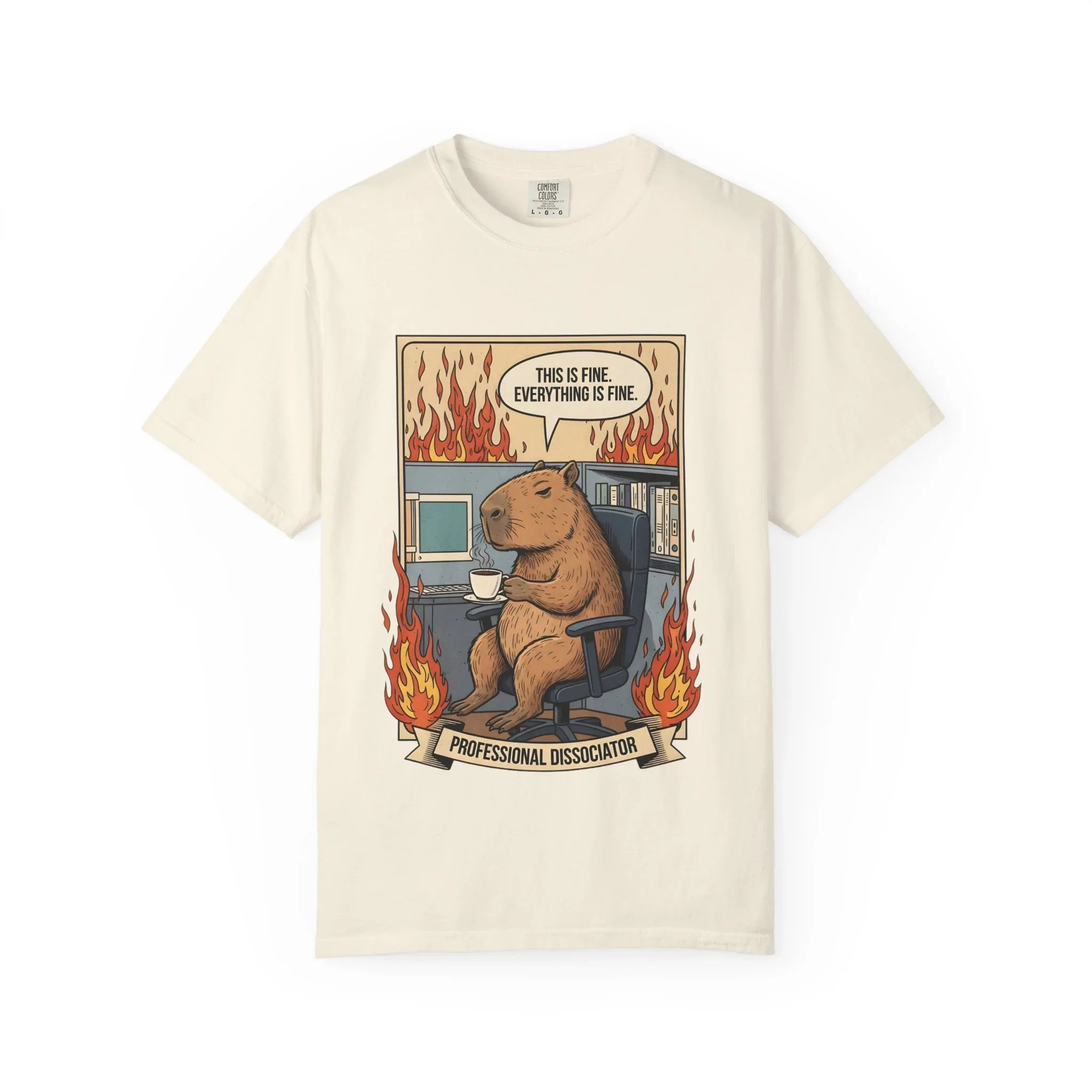 Funny Capybara Shirt - "This Is Fine" Meme Hoodie - Professional Dissociator Gift - Office Humor Graphic Tee - Anxiety & Mental Health Crewneck - Cute Chill Rodent Top Ivory