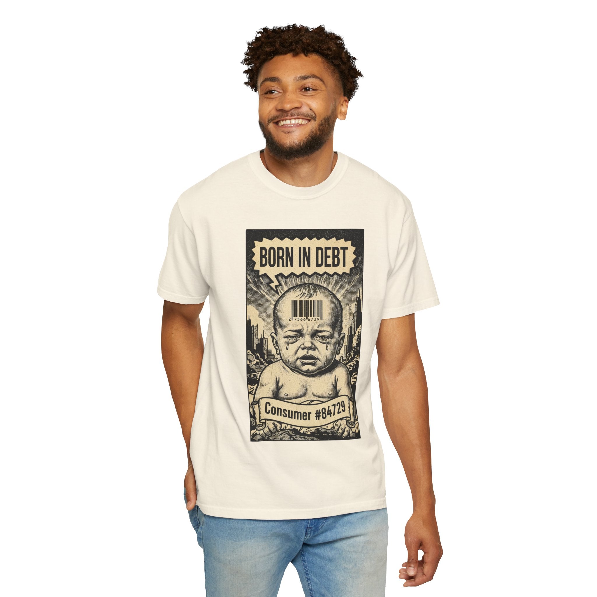 Born in Debt Shirt - Consumer Culture Satire T-Shirt - Financial Debt Awareness Tee - Vintage Comic Graphic - Sarcastic Social Commentary Gift