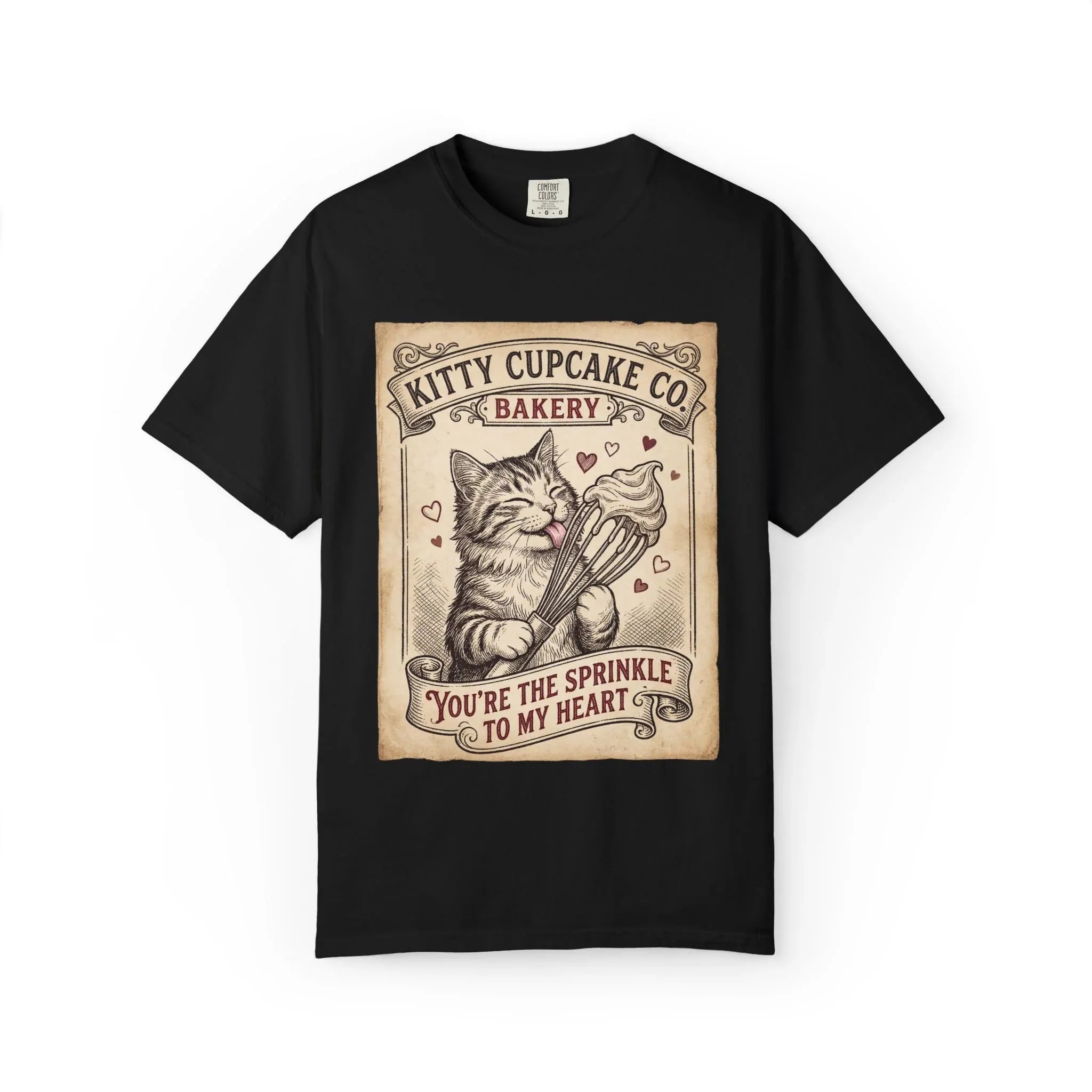 Kitty Cupcake Co T-Shirt | Vintage Cat Bakery Youre the Sprinkle to My Heart Graphic Tee Black