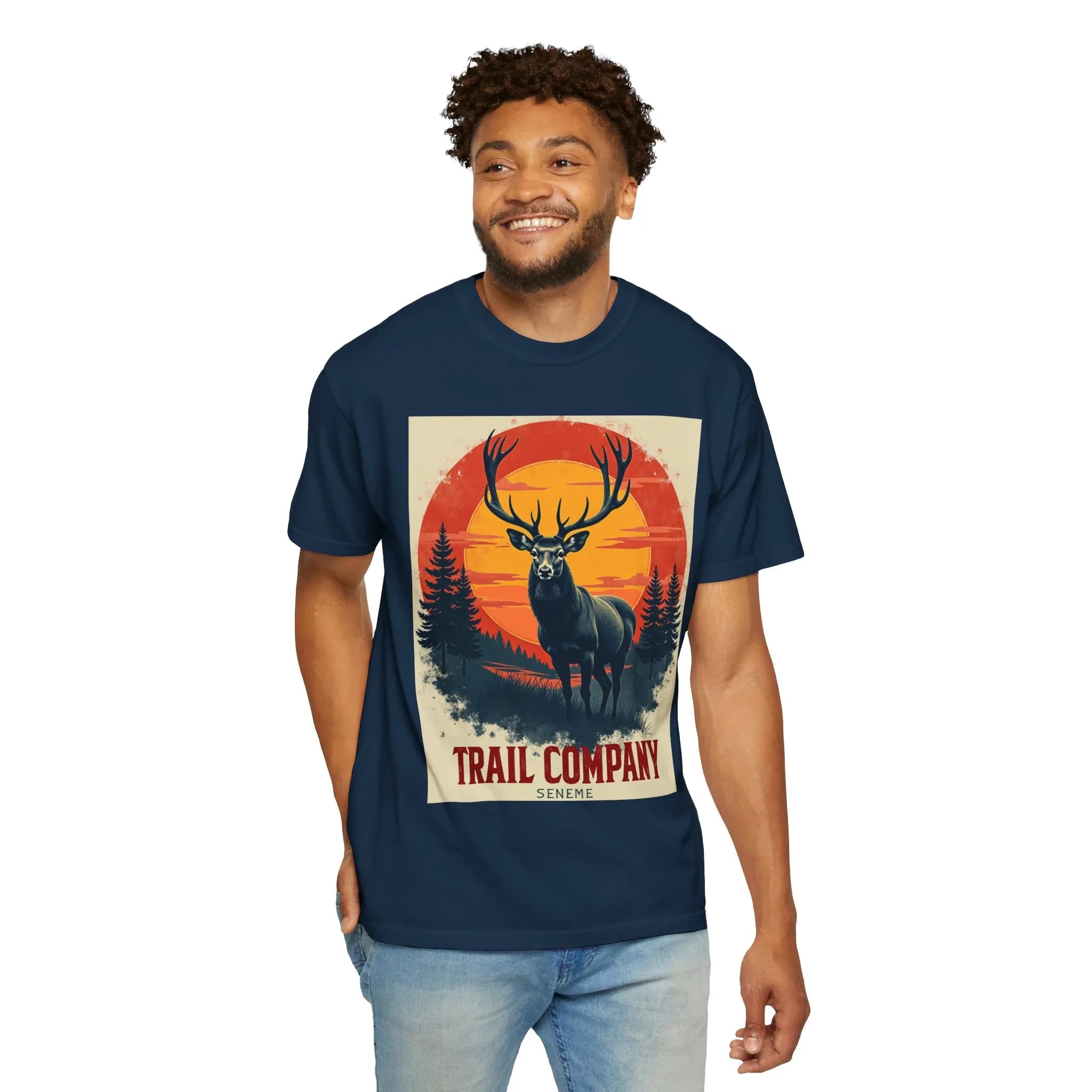 Stag Sunset Trail Company Shirt, Vintage Elk Deer Tee, Retro Sunset Forest T-Shirt, Hiking Camping Cabin Outdoors Gift True Navy