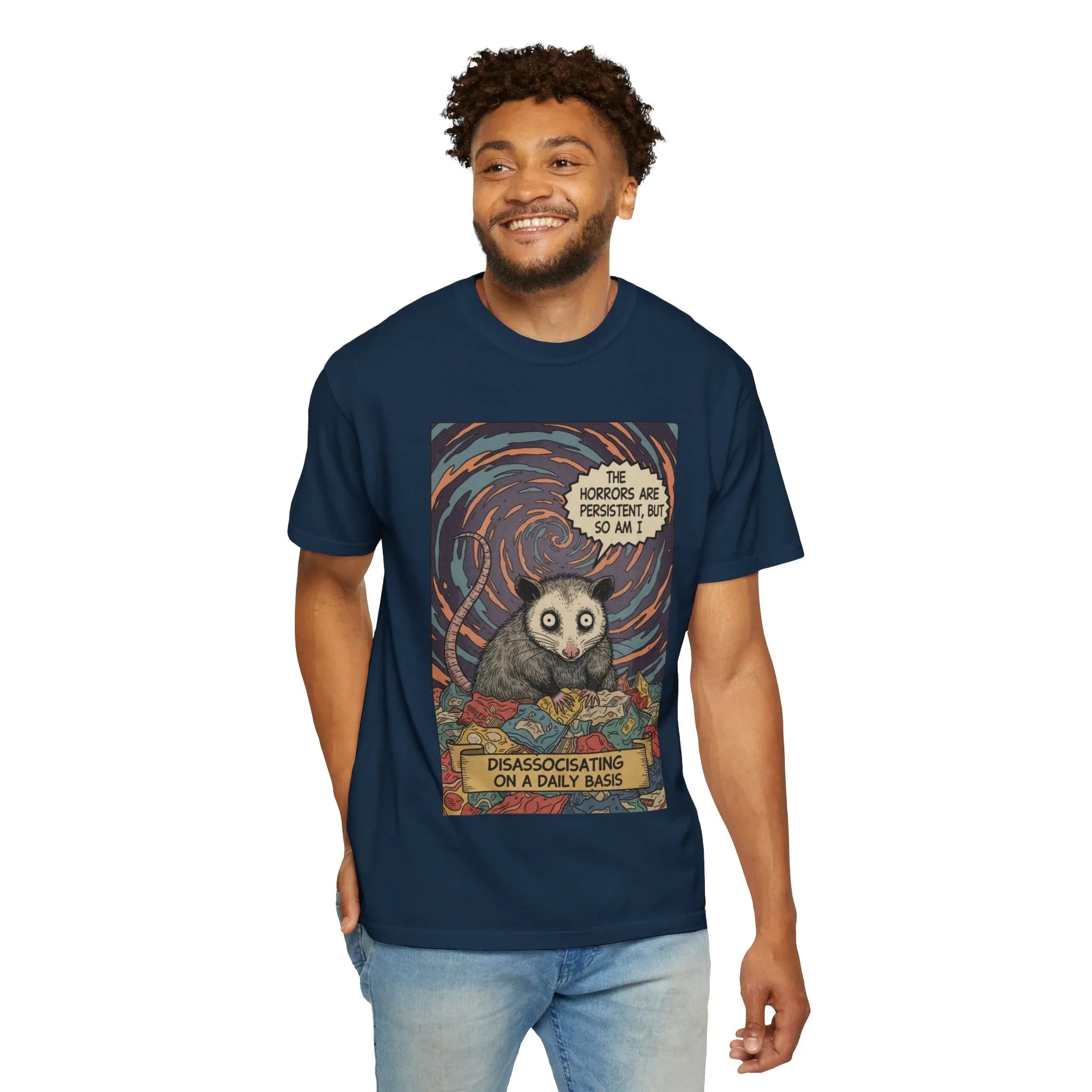 Funny Opossum Shirt - "The Horrors Are Persistent But So Am I" T-Shirt - Dissociating Daily Meme Tee - Retro Possum Art Weirdcore Graphic - Sarcastic Mental Health Apparel
