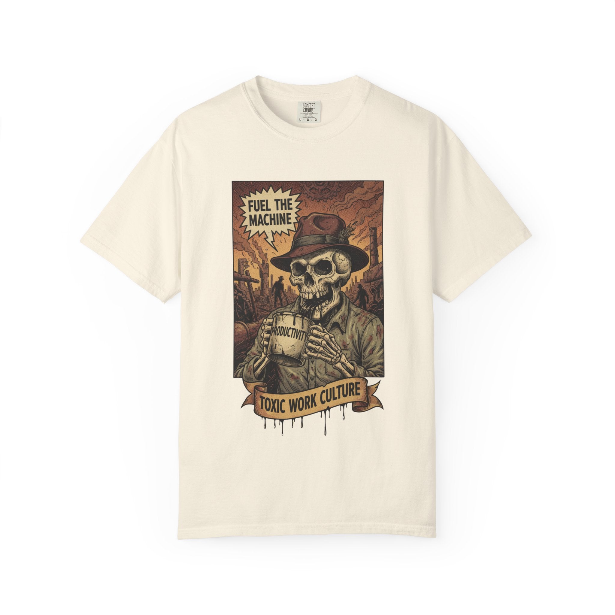 Fuel The Machine Shirt Vintage Skeleton Graphic Tee Anti Work Culture Satire Gift Funny Productivity Burnout T-Shirt Retro Industrial Grunge Ivory