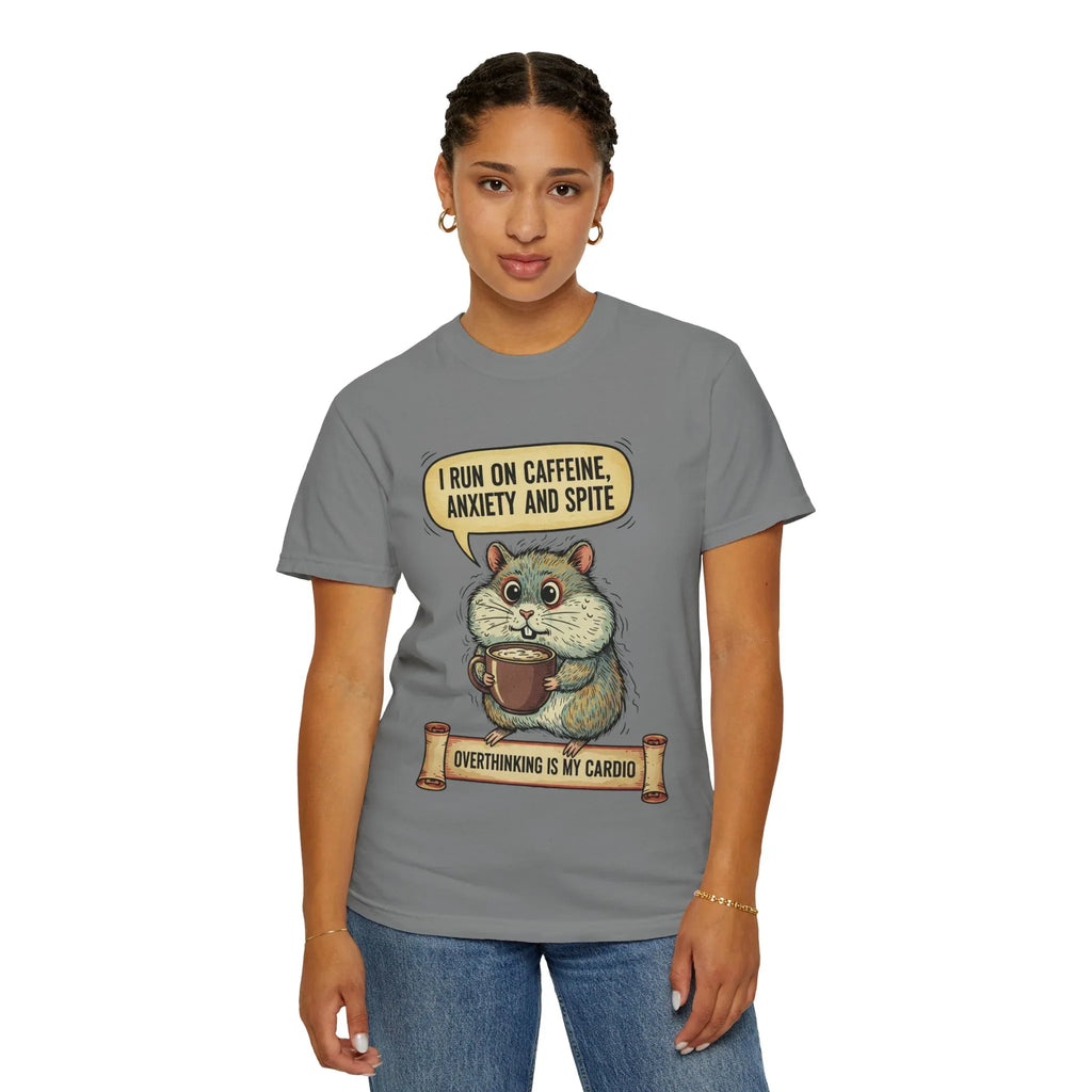 Funny Hamster Coffee Shirt - "Overthinking is My Cardio" T-Shirt - Caffeine Anxiety and Spite Gift - Sarcastic Mental Health Tee - Retro Jittery Hamster Graphic Top