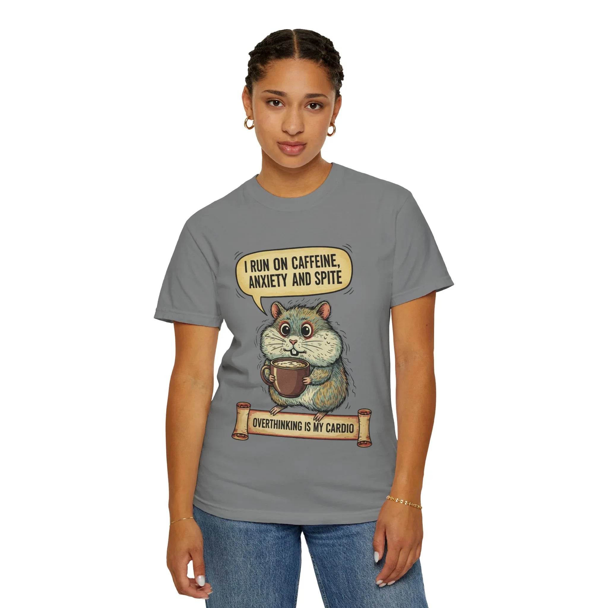 Funny Hamster Coffee Shirt - "Overthinking is My Cardio" T-Shirt - Caffeine Anxiety and Spite Gift - Sarcastic Mental Health Tee - Retro Jittery Hamster Graphic Top