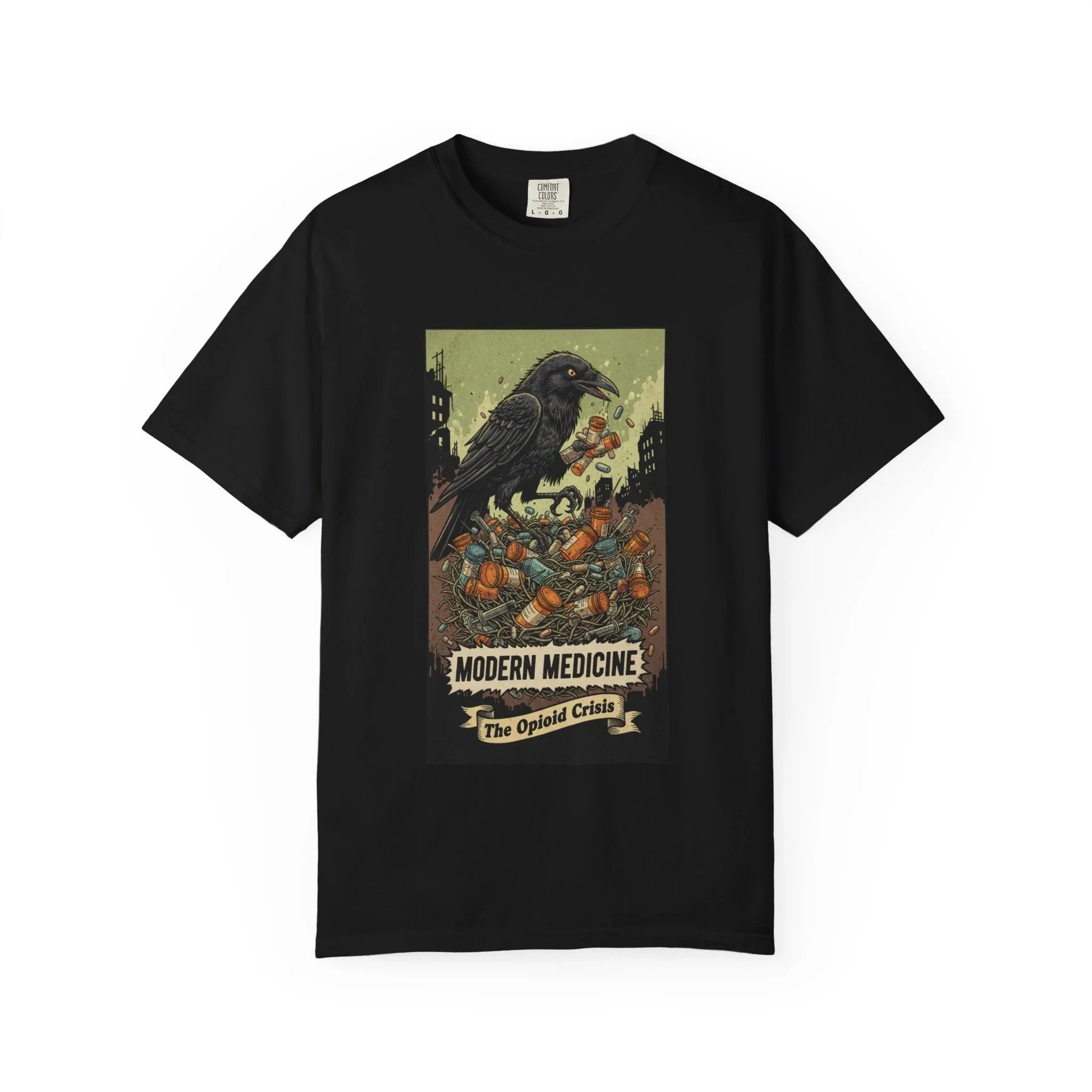 Modern Medicine Raven Shirt - Opioid Crisis Satire Tee - Dark Gothic Graphic T-Shirt - Vintage Social Commentary Art - Raven Nest Medicine Bottle Dark Humor Streetwear Black
