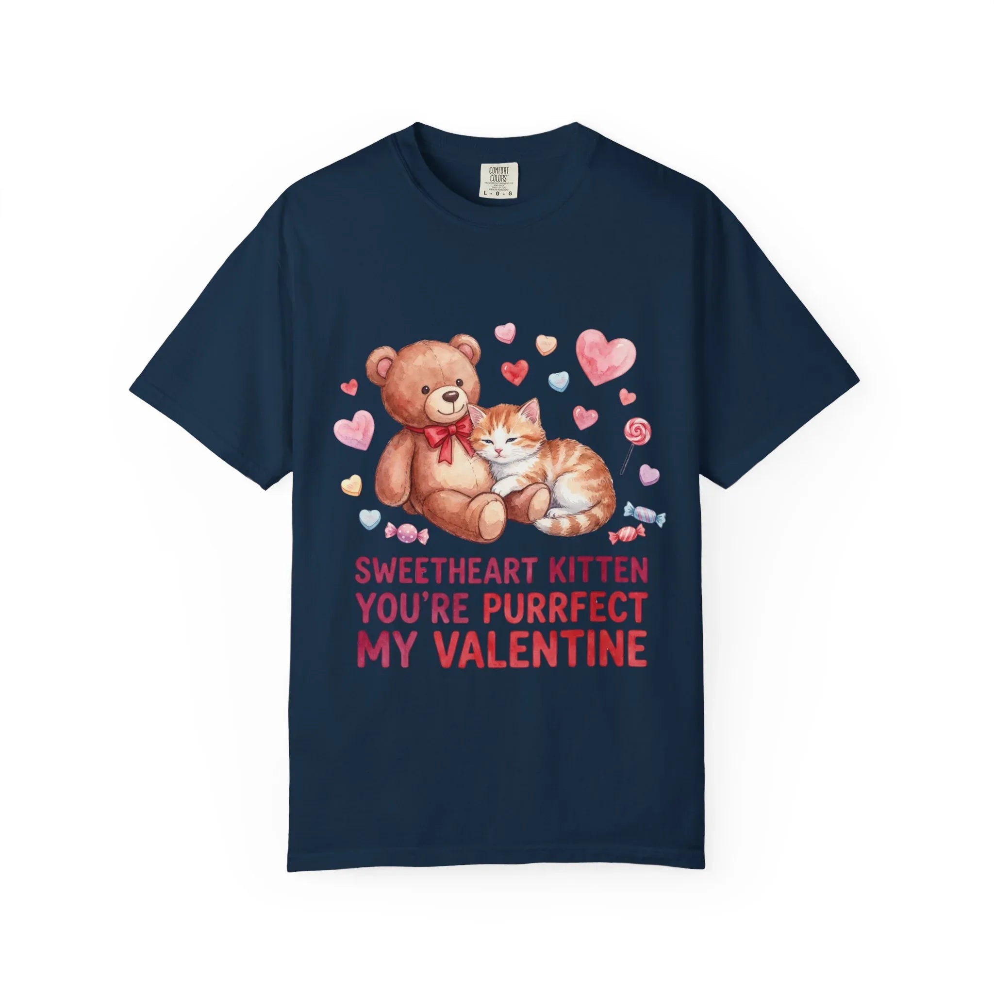 Sweetheart Kitten Youre Purrfect My Valentine T Shirt Cute Cat Teddy Bear Hearts Watercolor Cozy Vintage Aesthetic Gift Cat Lovers True Navy