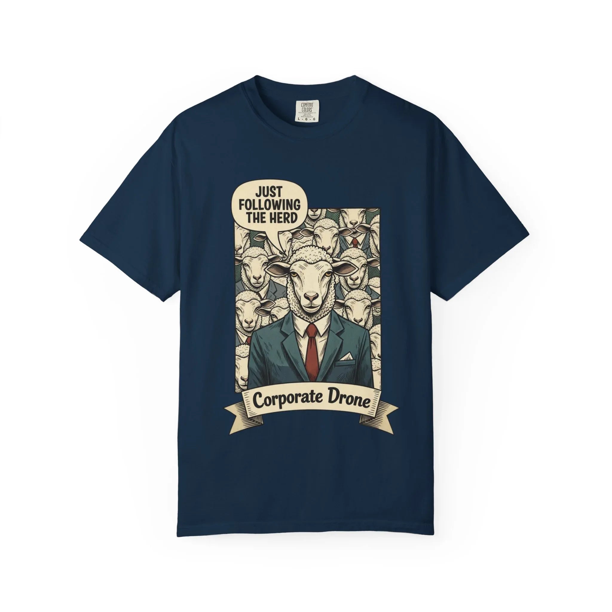 Funny Corporate Drone Shirt - Sheep in Suit Graphic Tee - Sarcastic Office Humor Gift - Vintage Anti-Work Clothing - Relatable Coworker T-Shirt True Navy