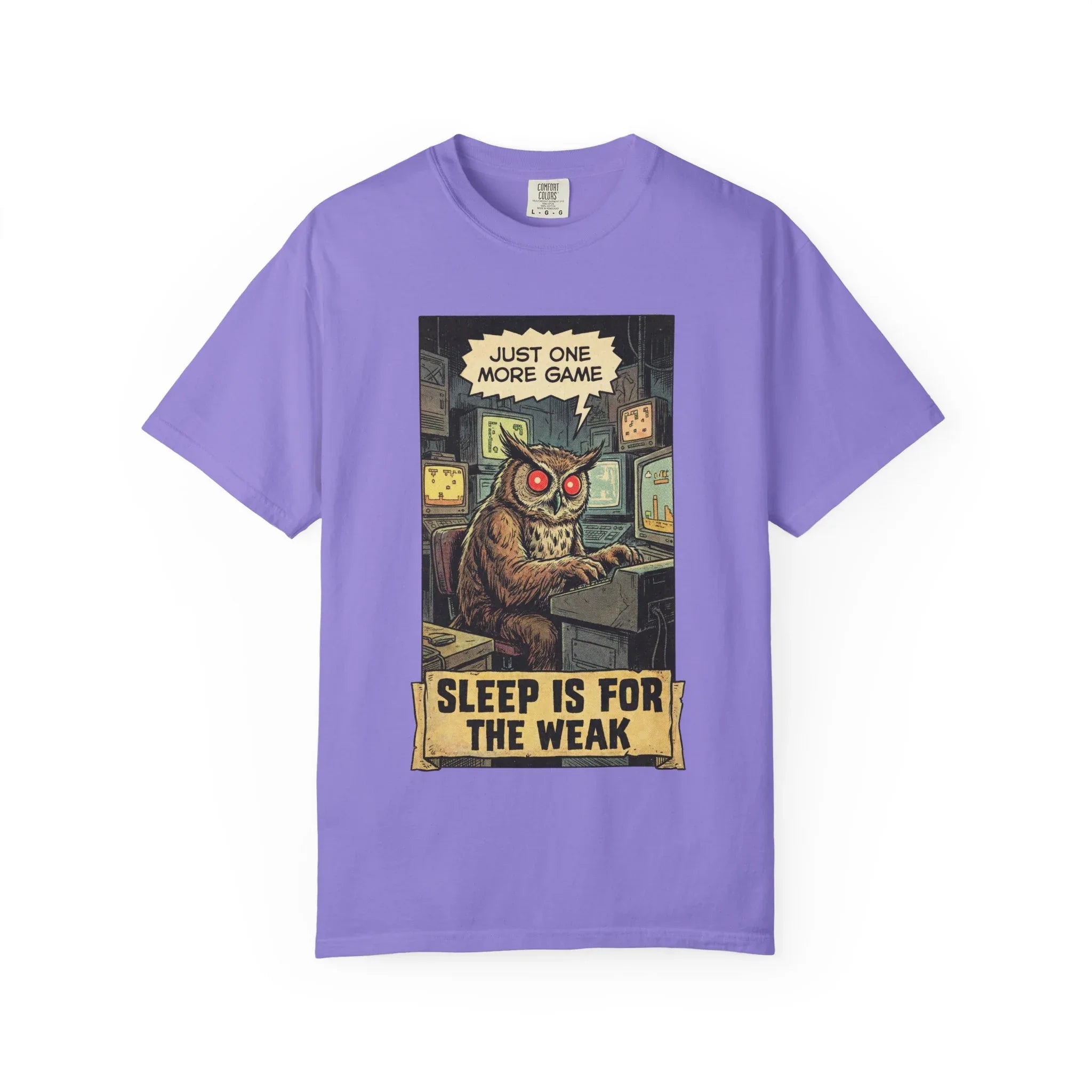 Funny Gamer Owl Shirt - "Just One More Game" Retro T-Shirt - Sarcastic Sleep is for the Weak Graphic Tee - Vintage Night Owl Gaming Gift - Gamer Husband & Boyfriend Gift Violet