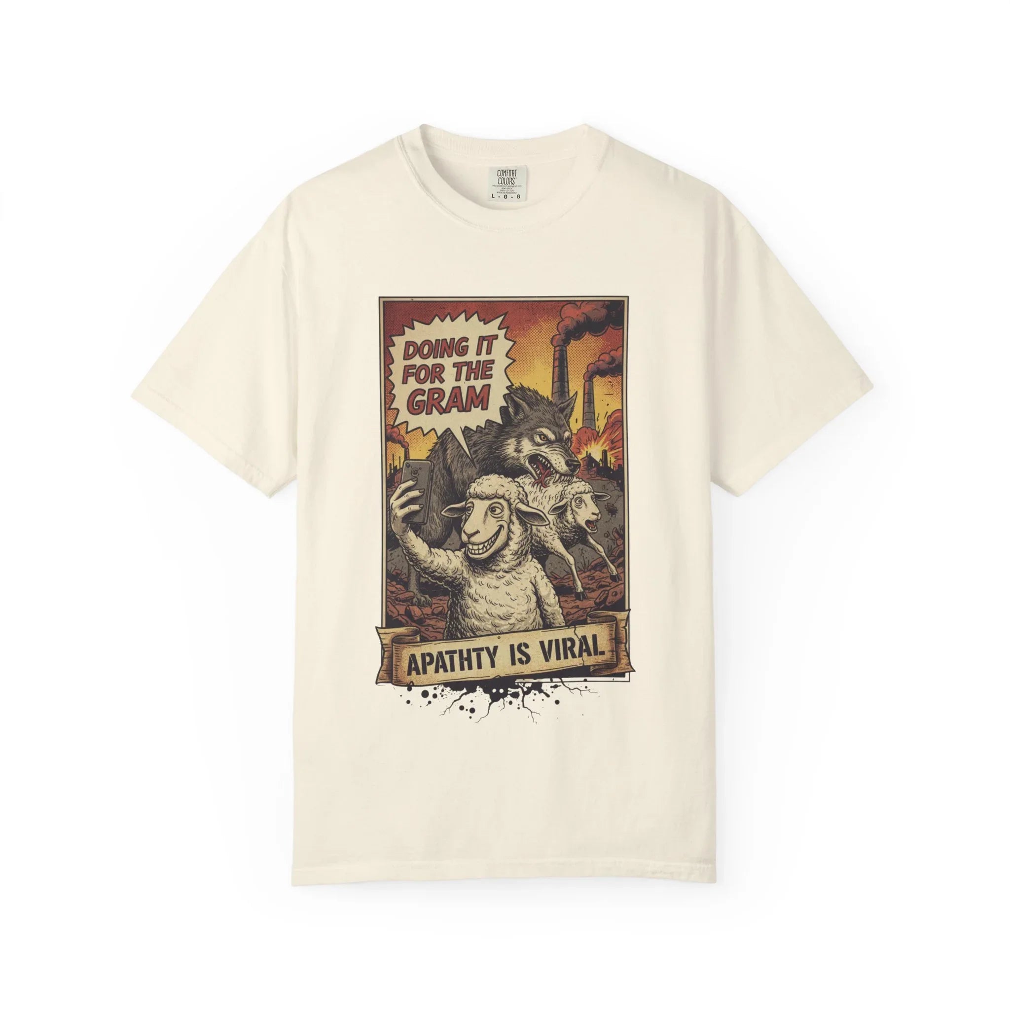 Doing It For The Gram Vintage Shirt - Satirical Wolf and Sheep Graphic Tee - Retro Social Media Irony T-Shirt - 1950s Propaganda Style Dark Humor - Unapologetic Social Critique Apparel Ivory